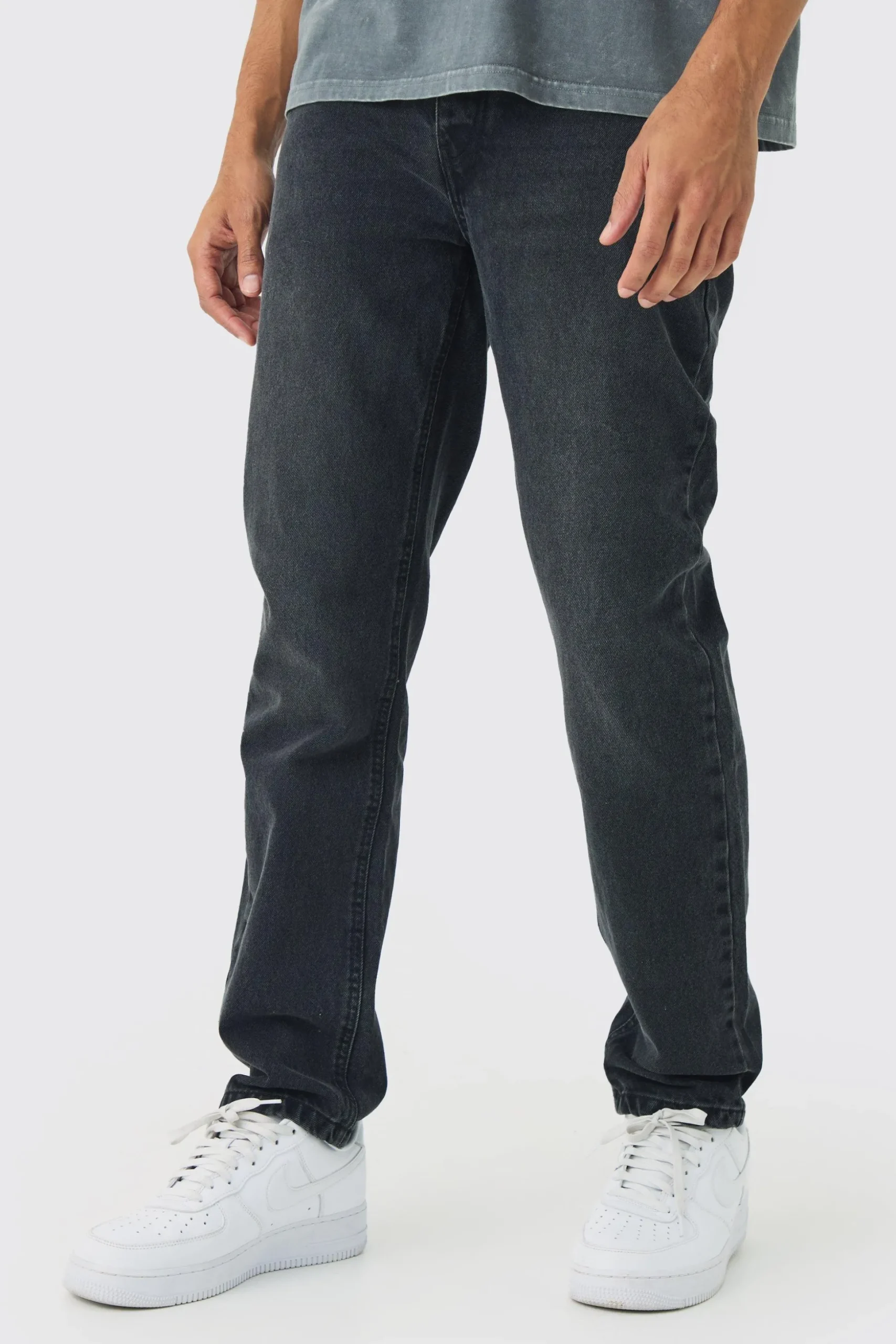 Straight Rigid Jean In Charcoal | BoohooMAN UK