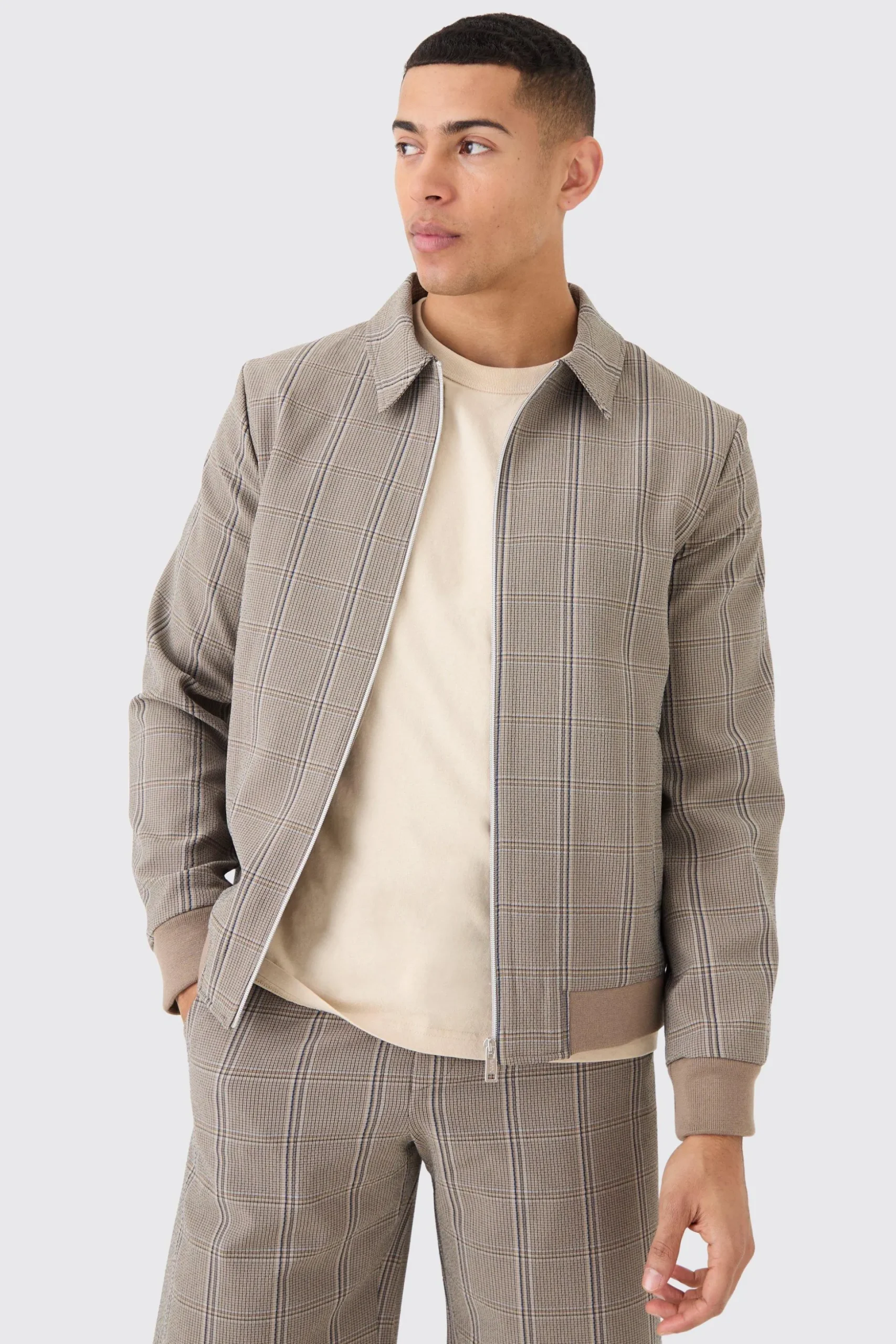 Stretch Textured Check Smart Bomber Jacket | BoohooMAN UK