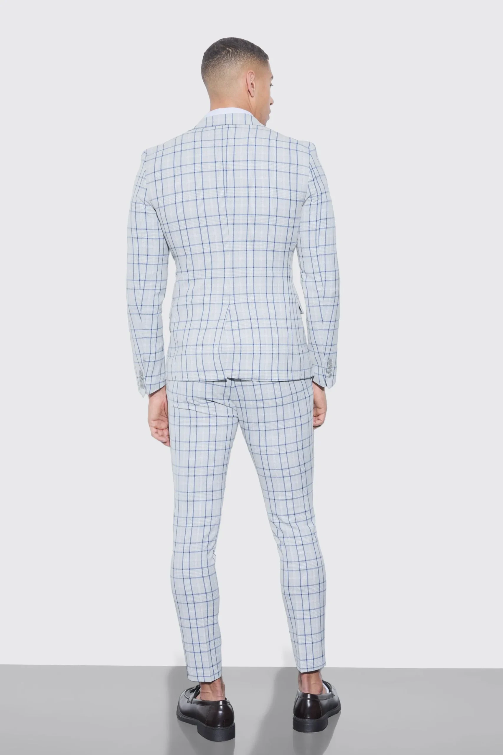 Super Skinny Grey Check Suit Trousers | BoohooMAN UK