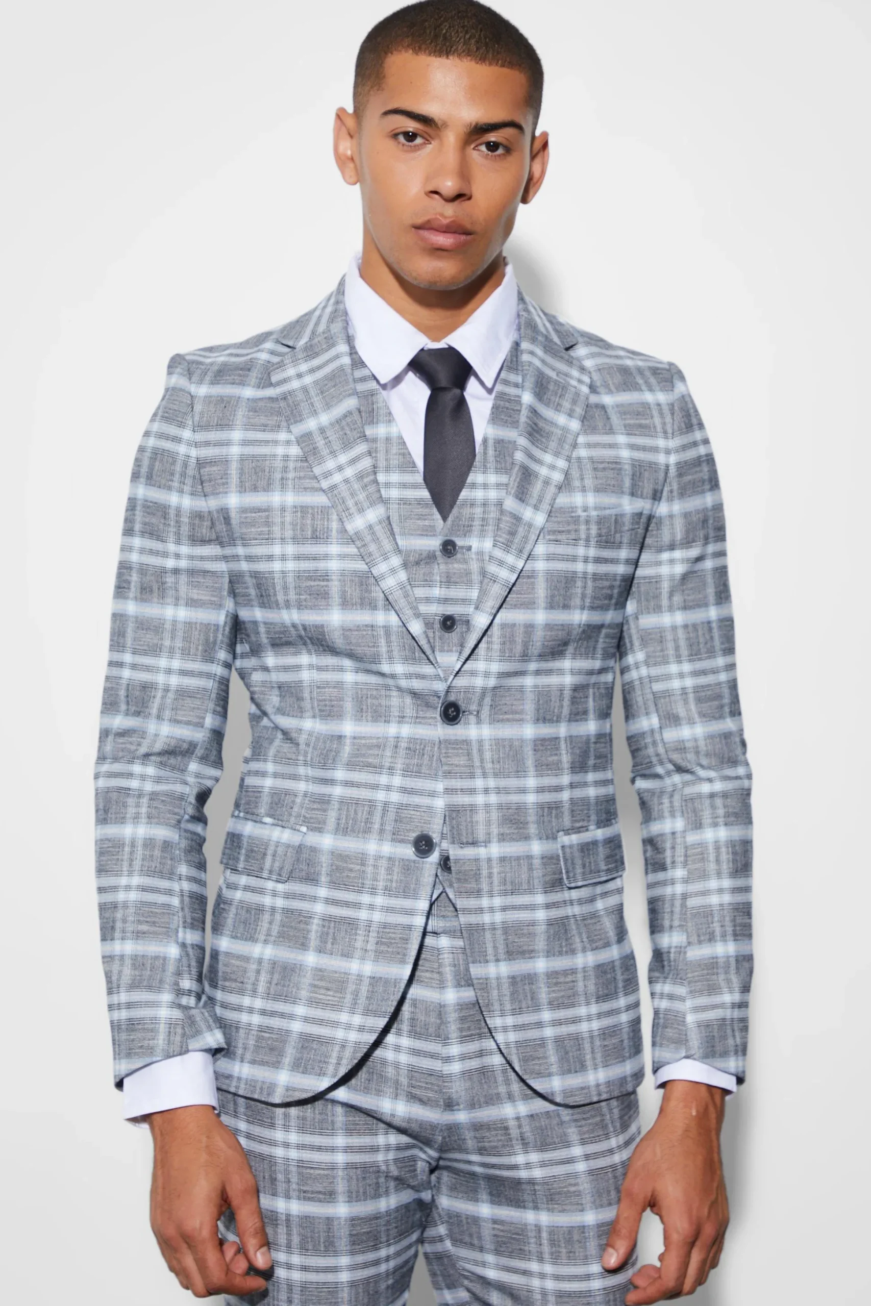 Super Skinny Single Breasted Checked Blazer | BoohooMAN UK