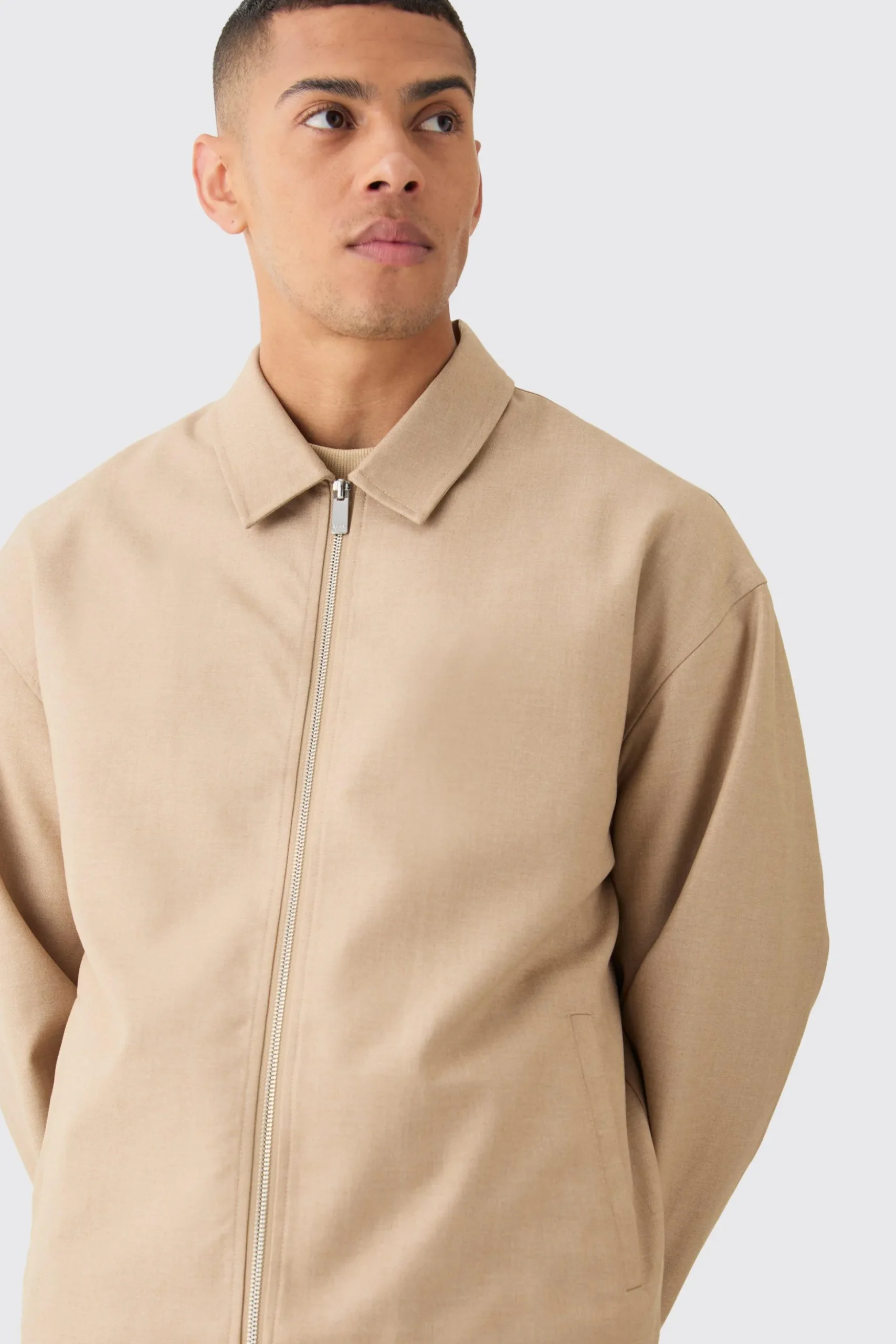 Tailored Zip Up Boxy Fit Harrington Smart Set | BoohooMAN UK