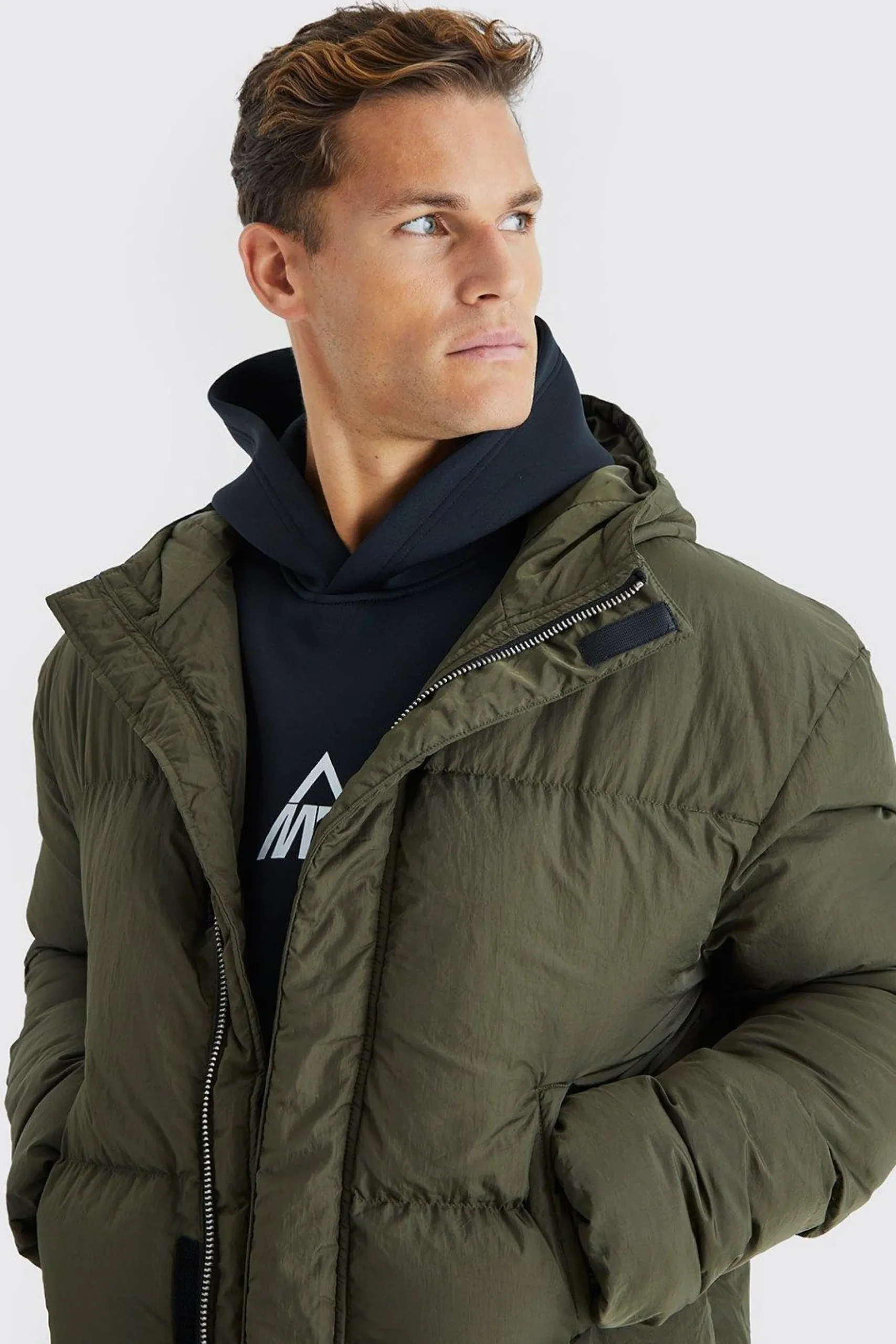 Tall 4 Pocket Longline Hooded Puffer Jacket In Khaki | BoohooMAN UK
