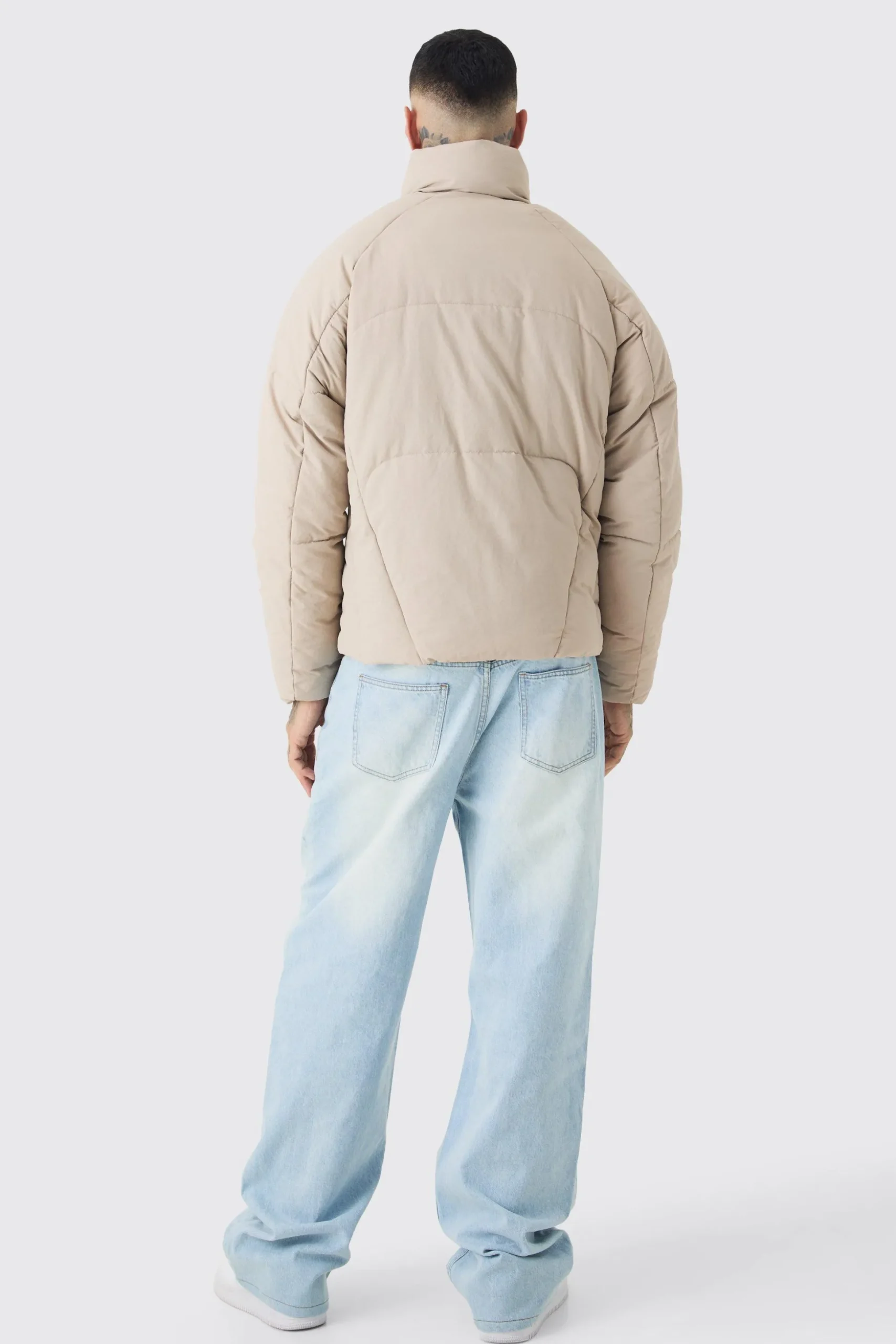 Tall Abstract Quilted Funnel Neck Puffer Jacket In Stone | BoohooMAN UK