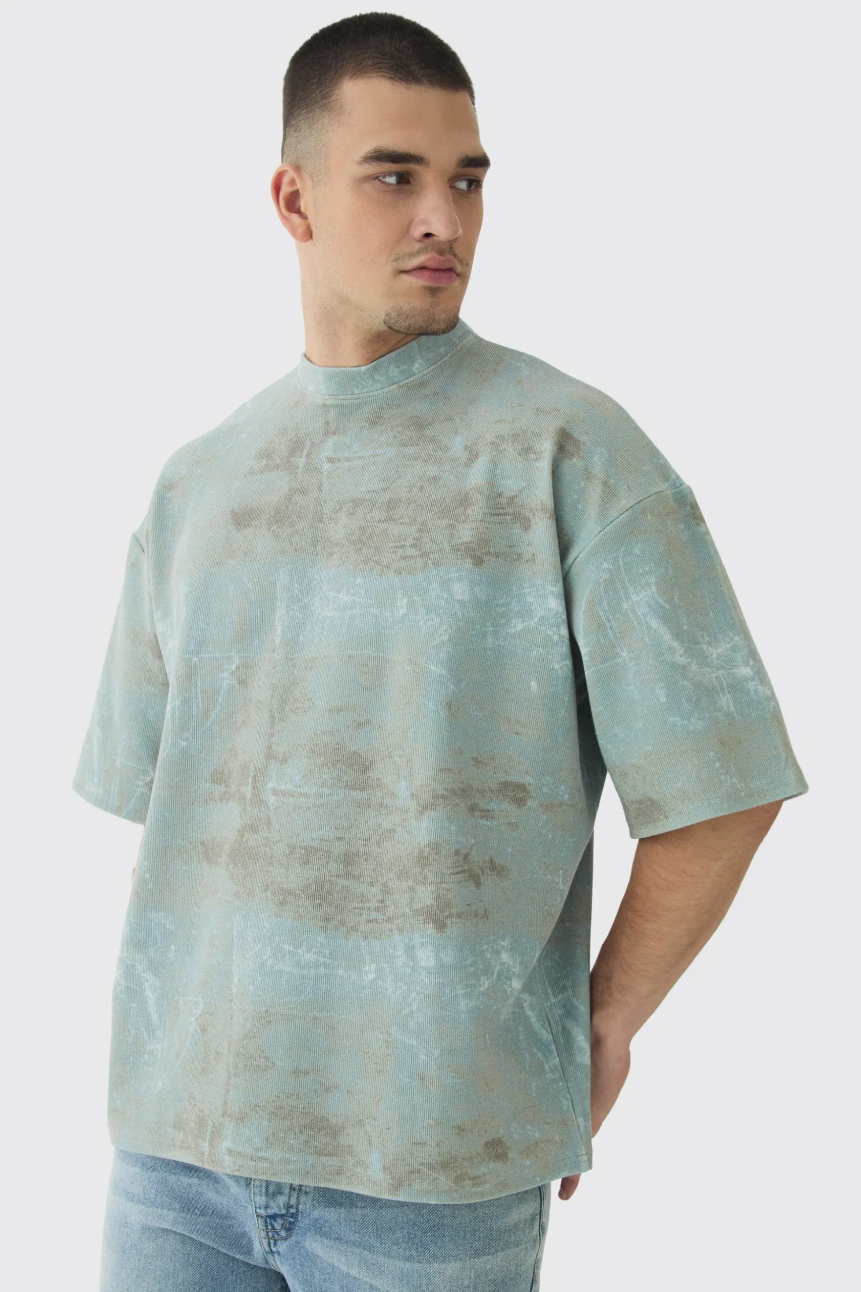 Tall Acid Wash Compact Rib Boxy Oversized T-Shirt | BoohooMAN UK