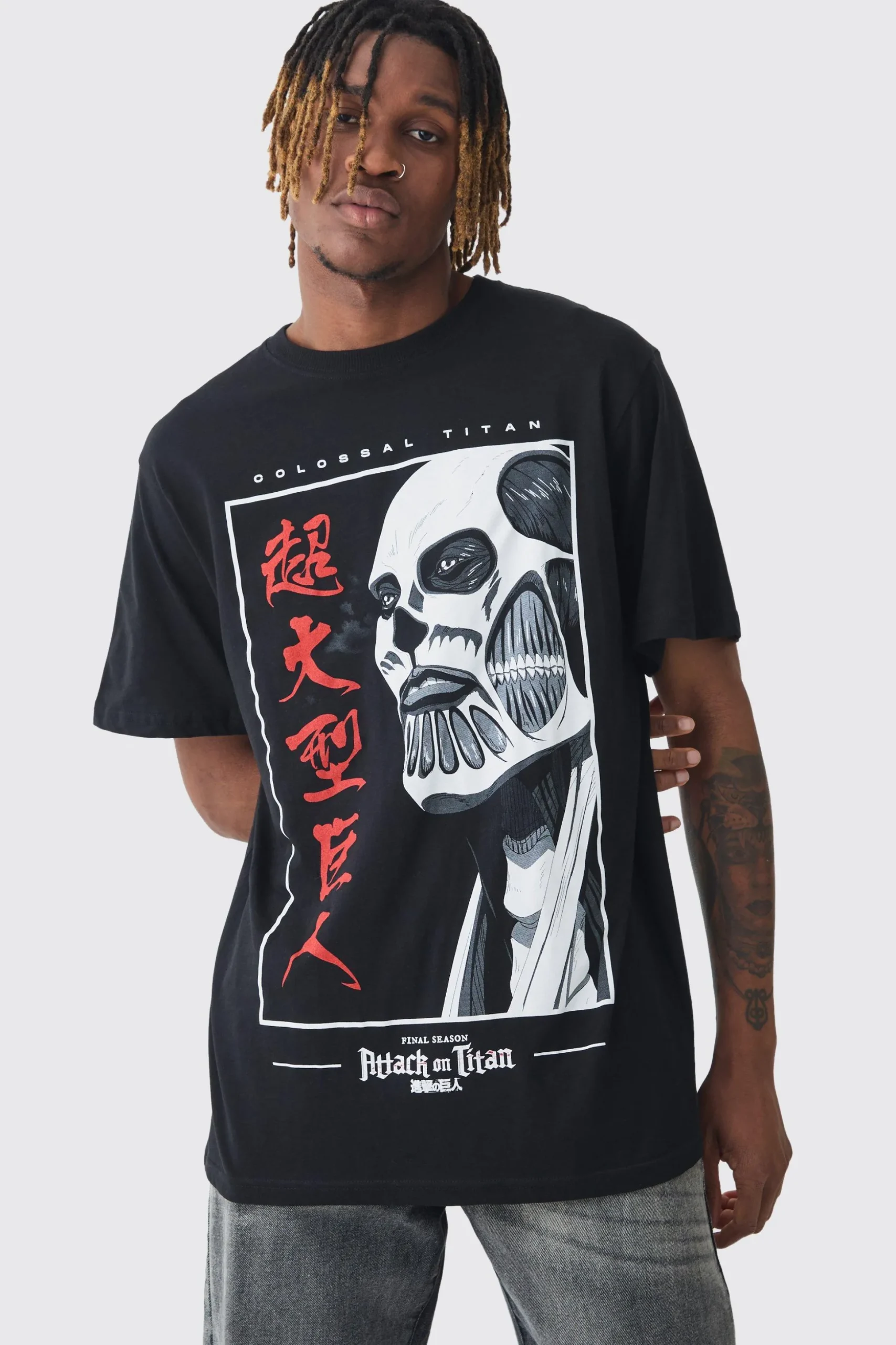Tall Attack On Titan Anime Printed Licensed T-shirt In Black | BoohooMAN UK