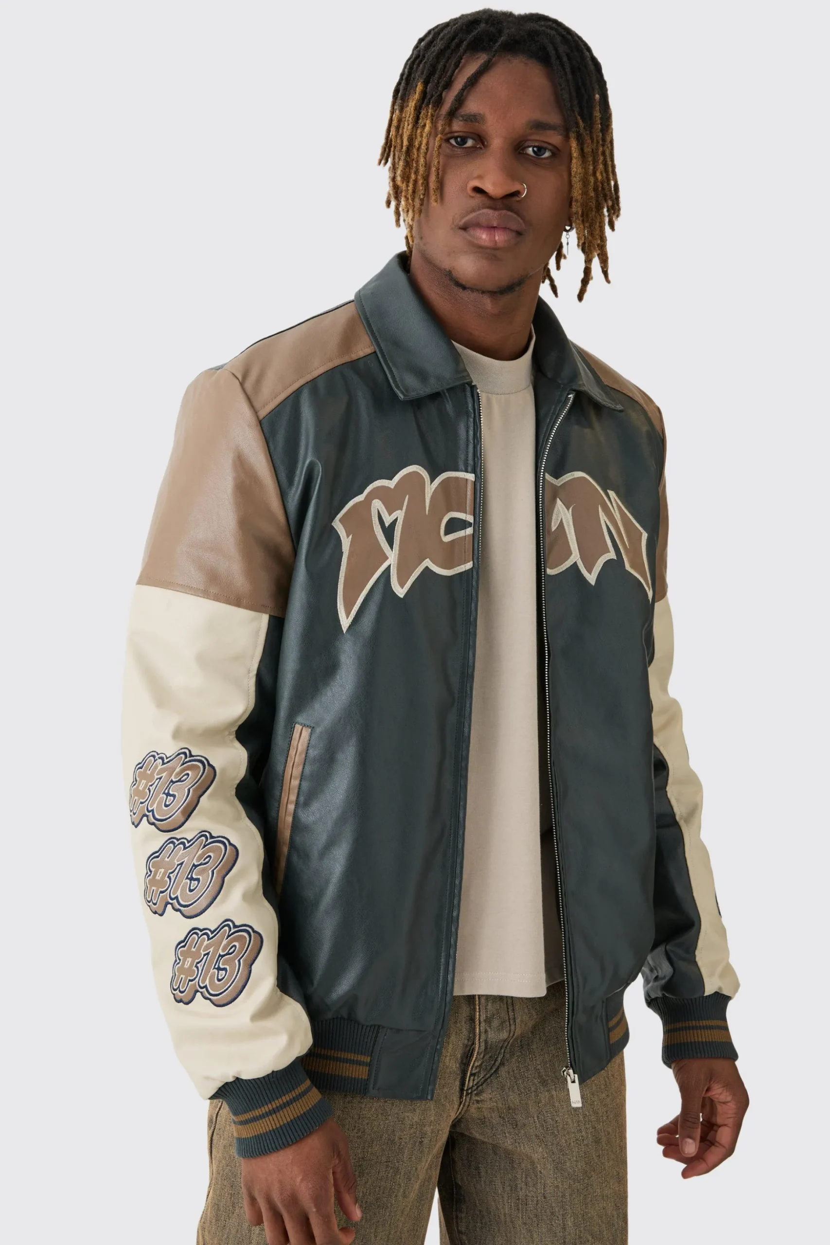 Tall Badge Detail Colour Block PU Varsity Jacket In Black | BoohooMAN UK