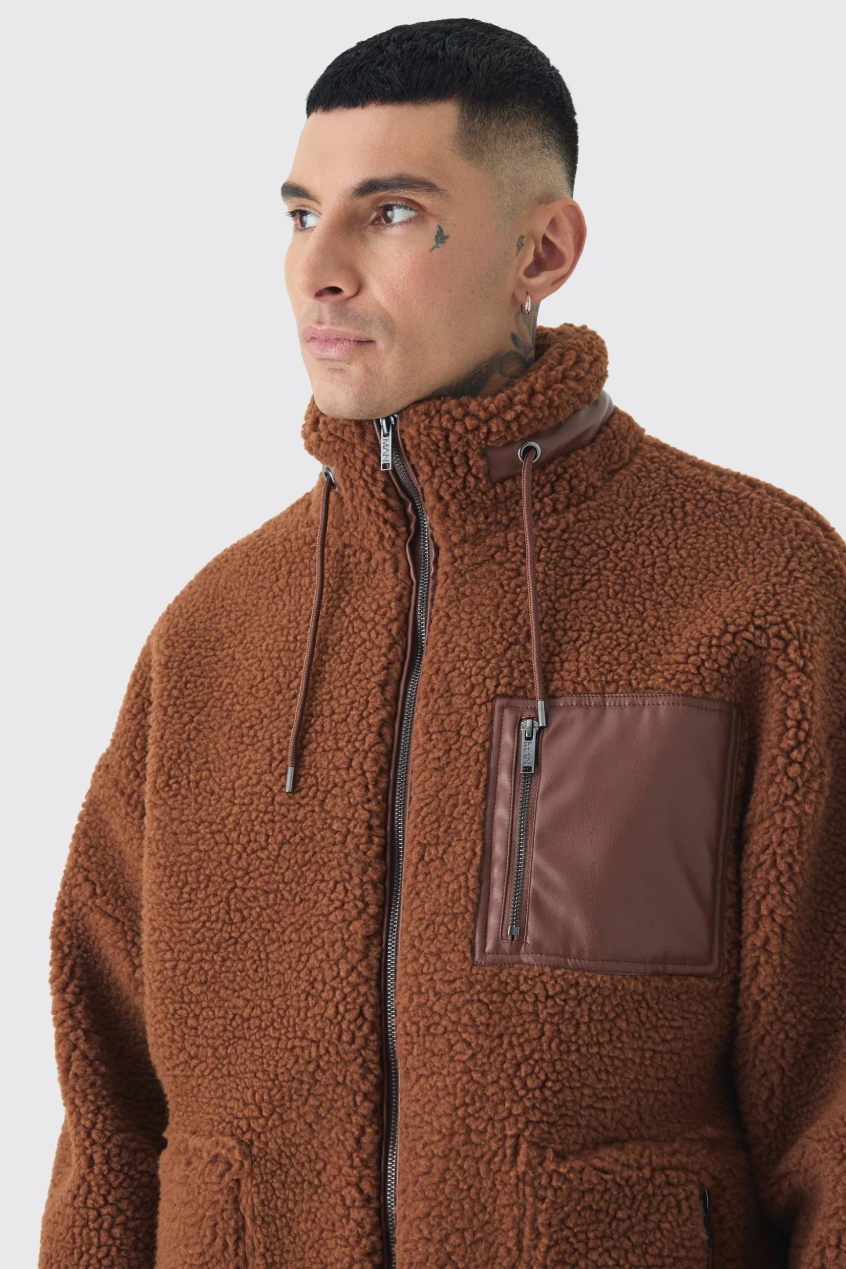Tall Borg Funnel Neck Jacket With PU Pocket In Tan | BoohooMAN UK