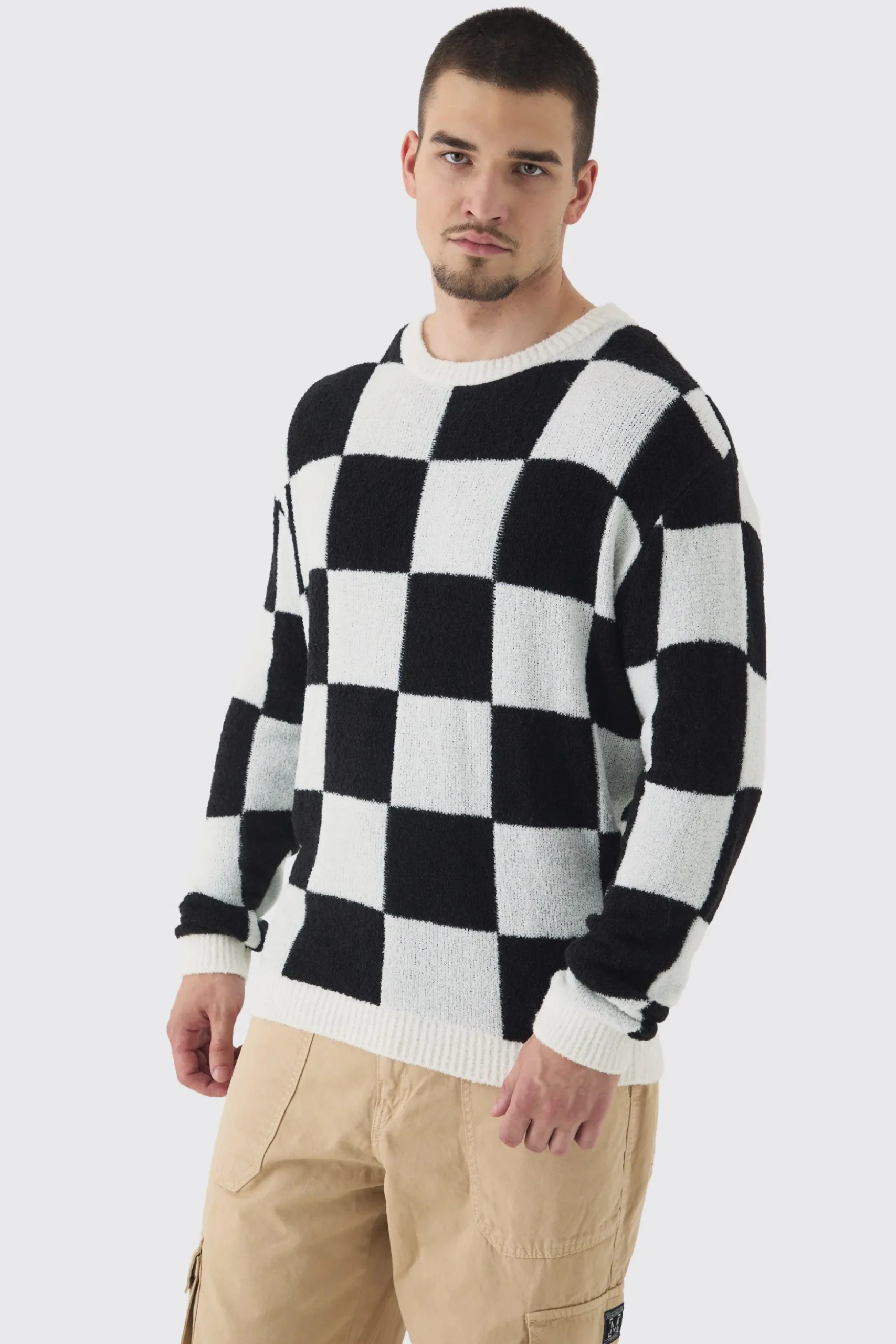 Tall Boucle Knit Checkered Crew Neck Jumper | BoohooMAN UK