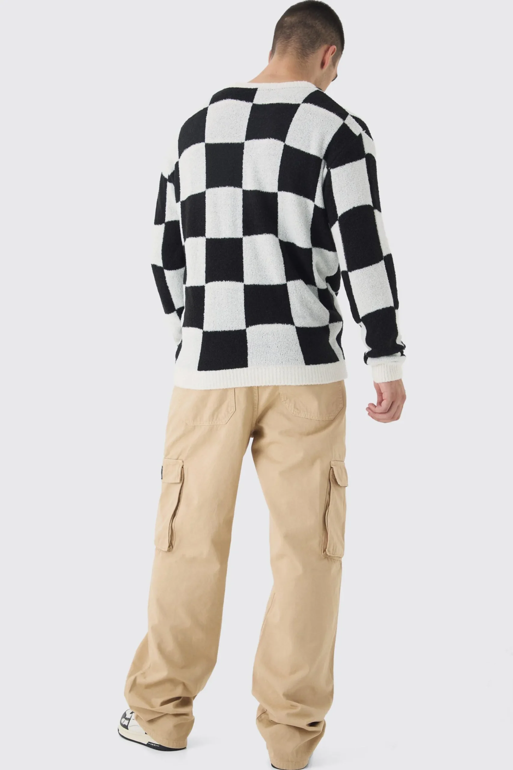 Tall Boucle Knit Checkered Crew Neck Jumper | BoohooMAN UK