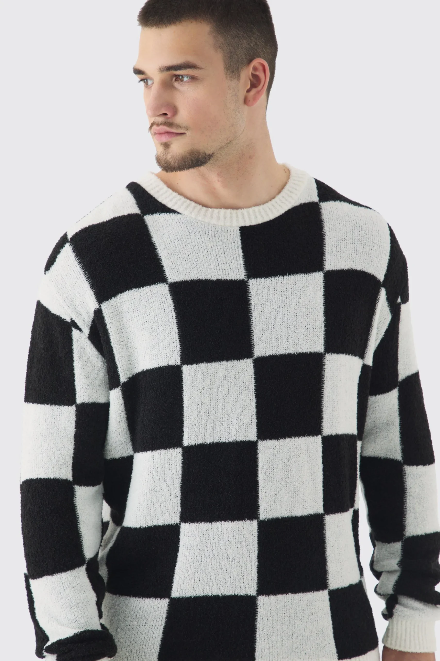 Tall Boucle Knit Checkered Crew Neck Jumper | BoohooMAN UK