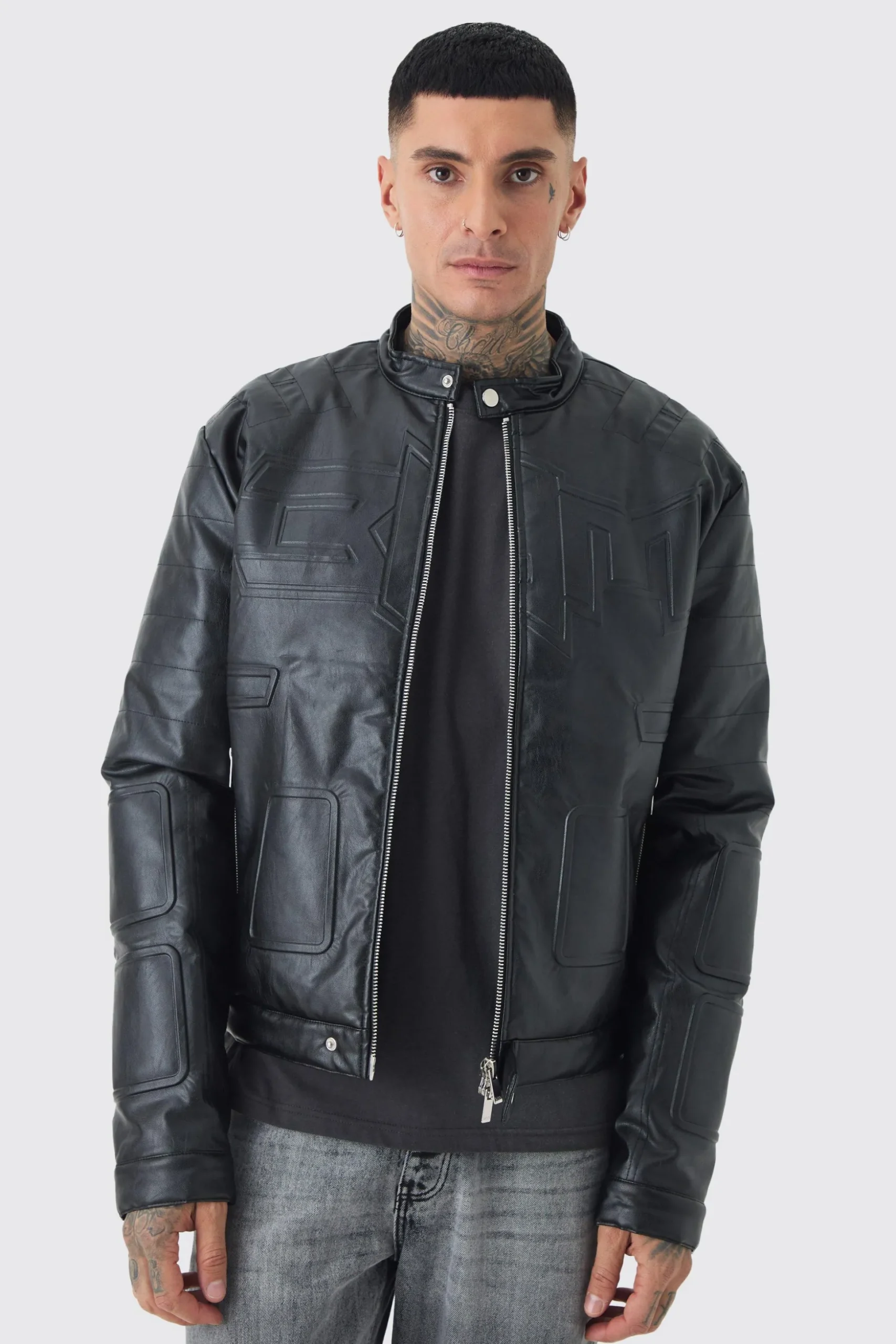 Tall Boxy BHM PU Collarless Moto Biker Jacket In Black | BoohooMAN UK