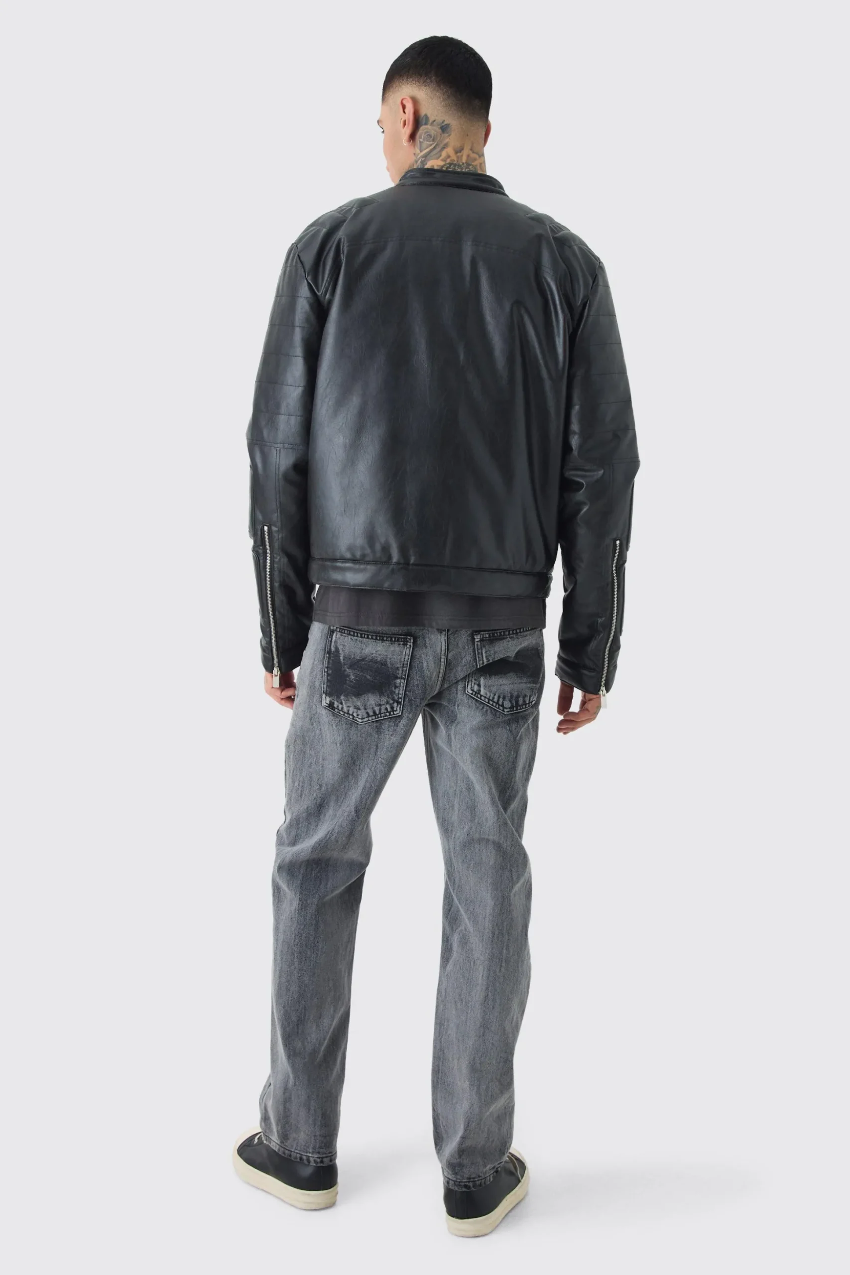 Tall Boxy BHM PU Collarless Moto Biker Jacket In Black | BoohooMAN UK