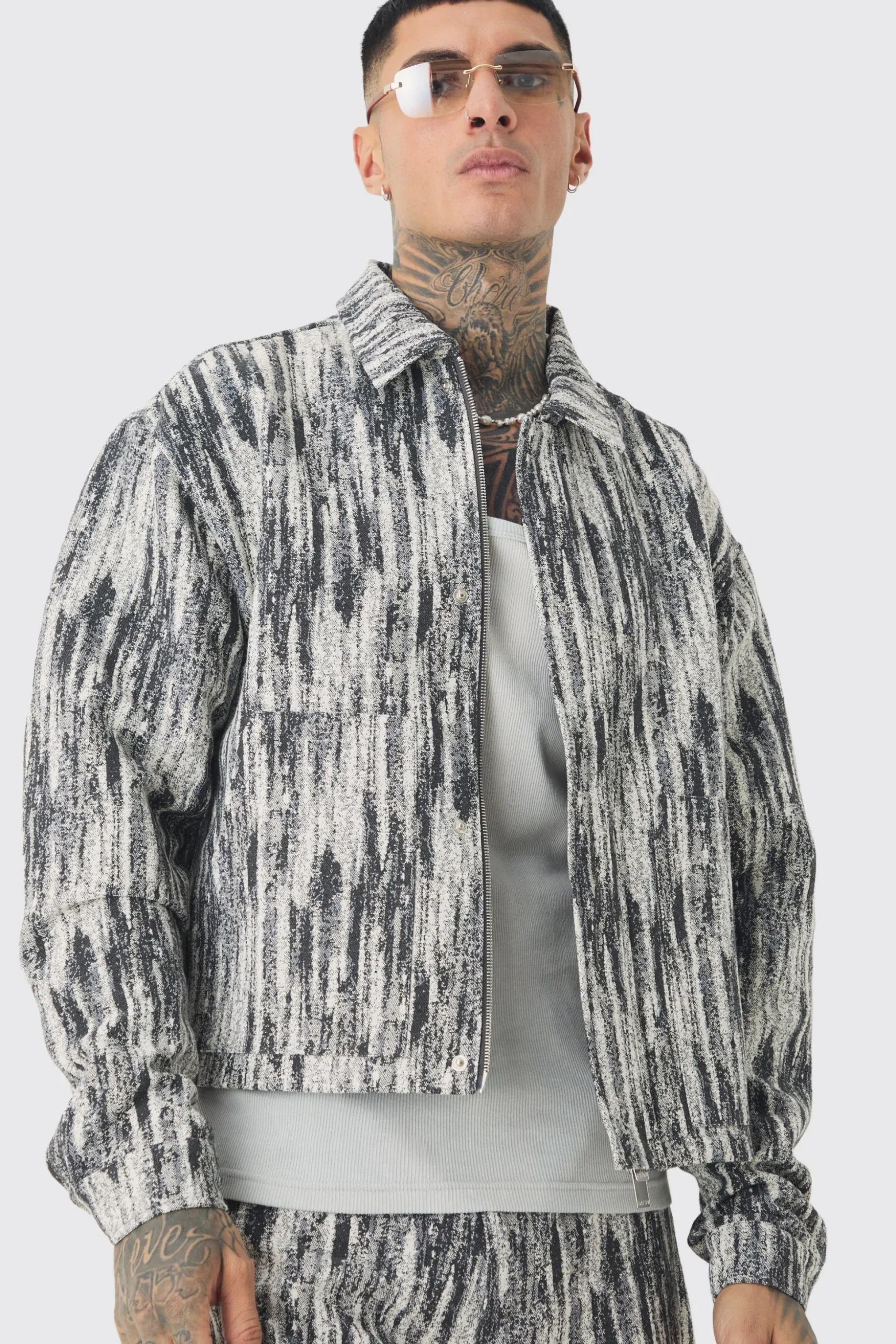 Tall Boxy Fit Fabric Interest Denim Jacket | BoohooMAN UK