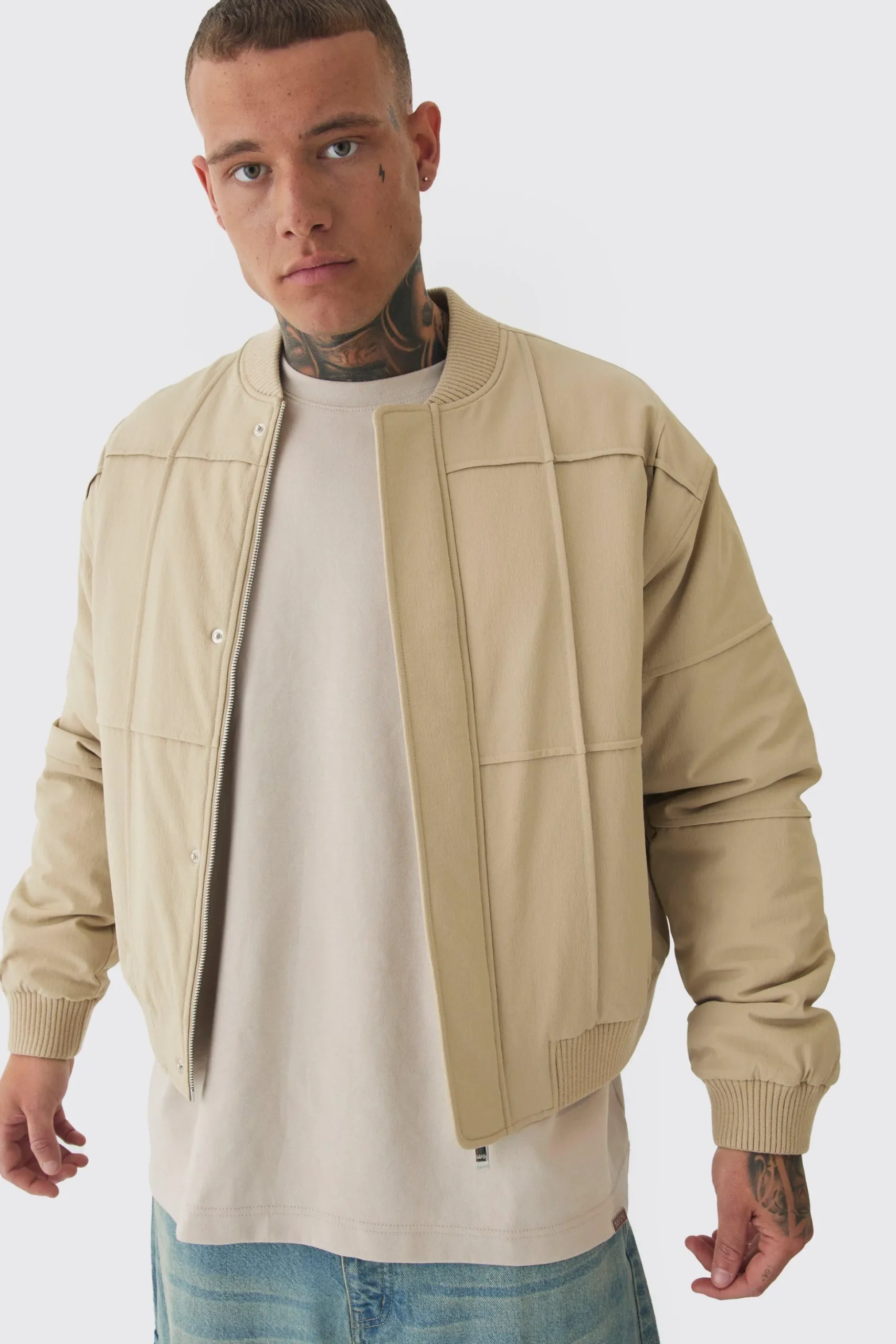 Tall Boxy Panel Padded Nylon Bomber Jacket In Stone | BoohooMAN UK