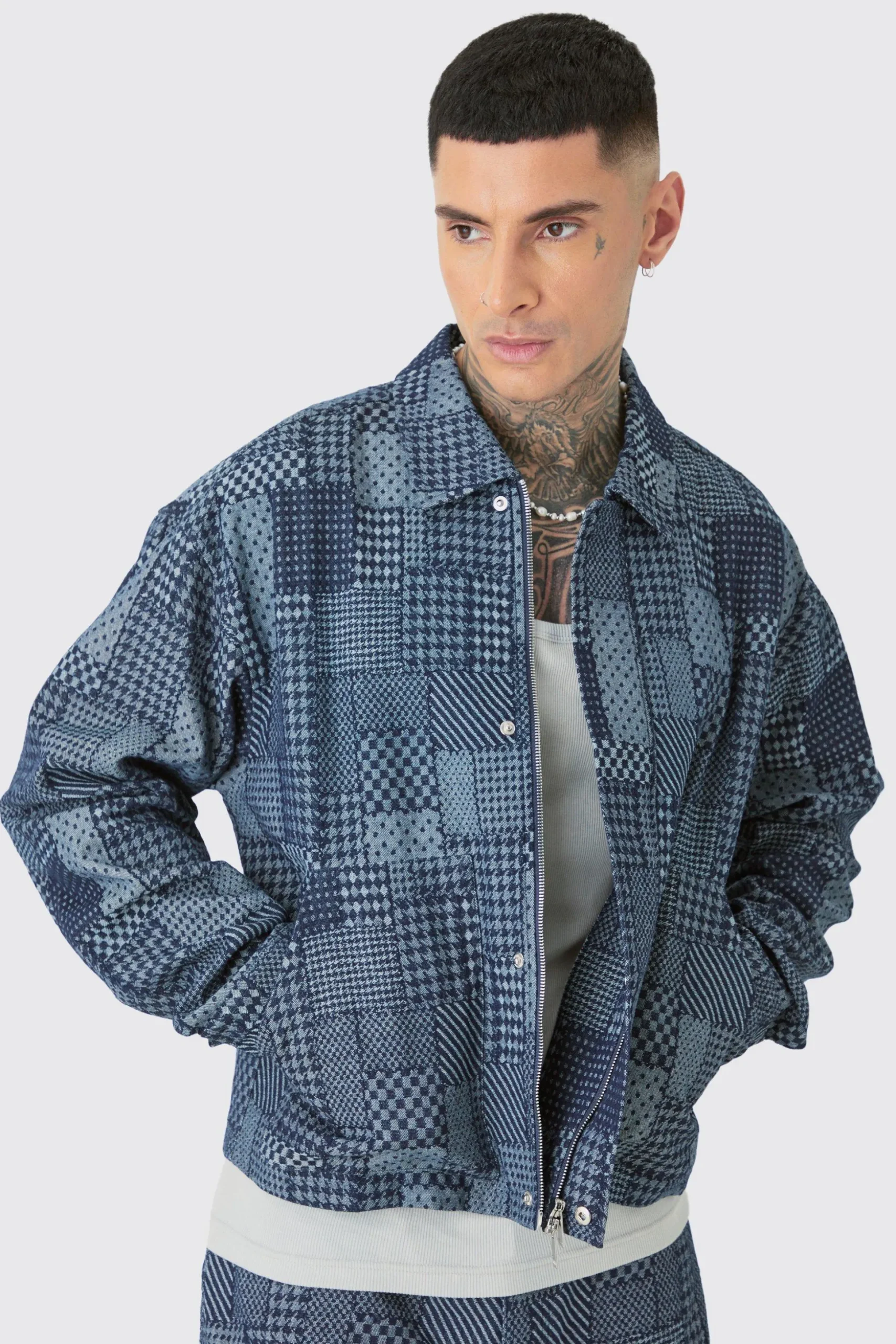 Tall Boxy Patch Work Denim Jacket | BoohooMAN UK