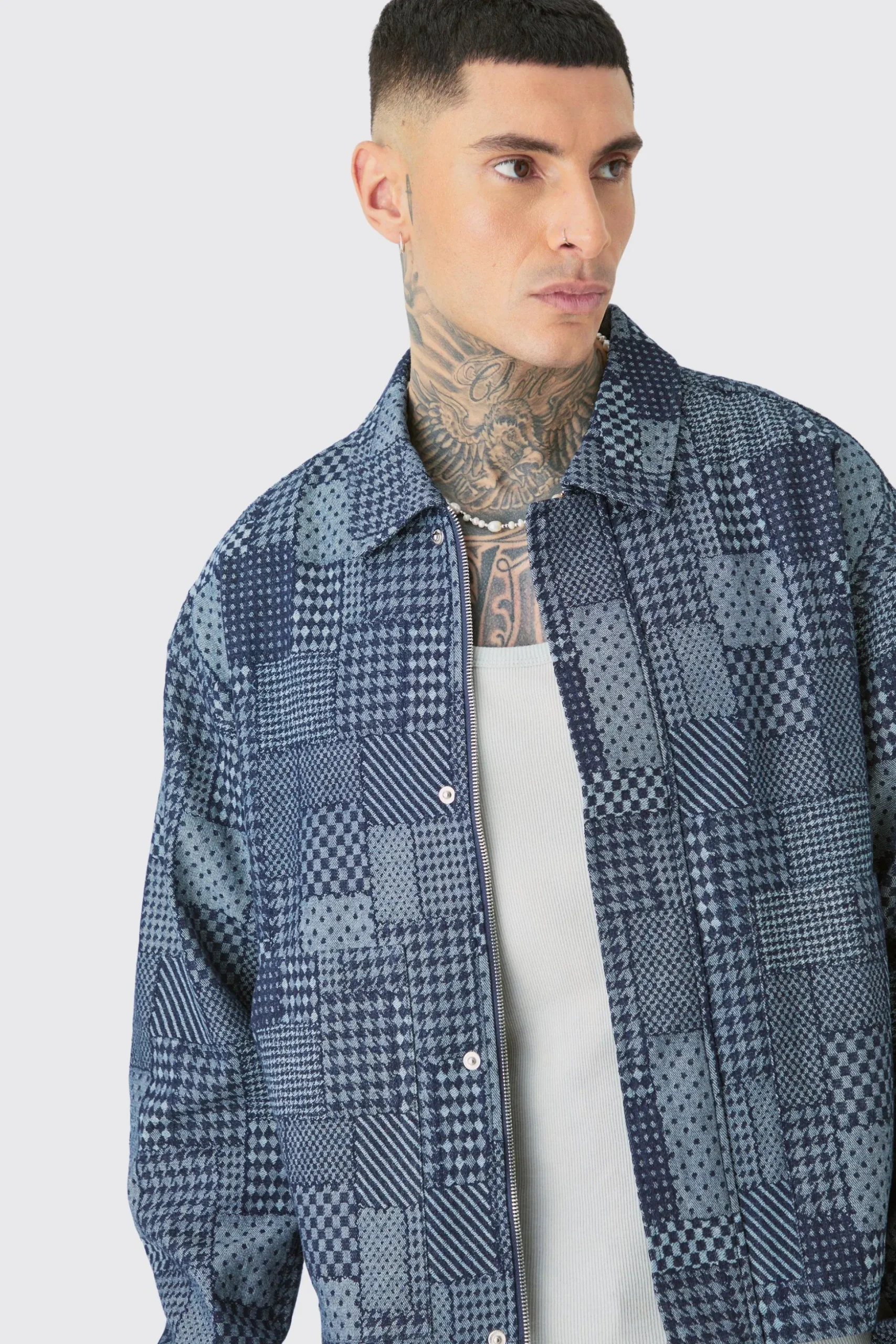 Tall Boxy Patch Work Denim Jacket | BoohooMAN UK