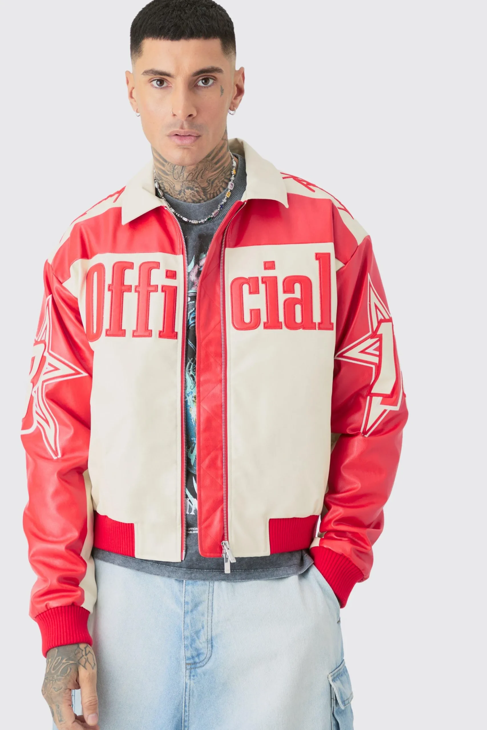 Tall Boxy Pu Moto Collared Bomber | BoohooMAN UK