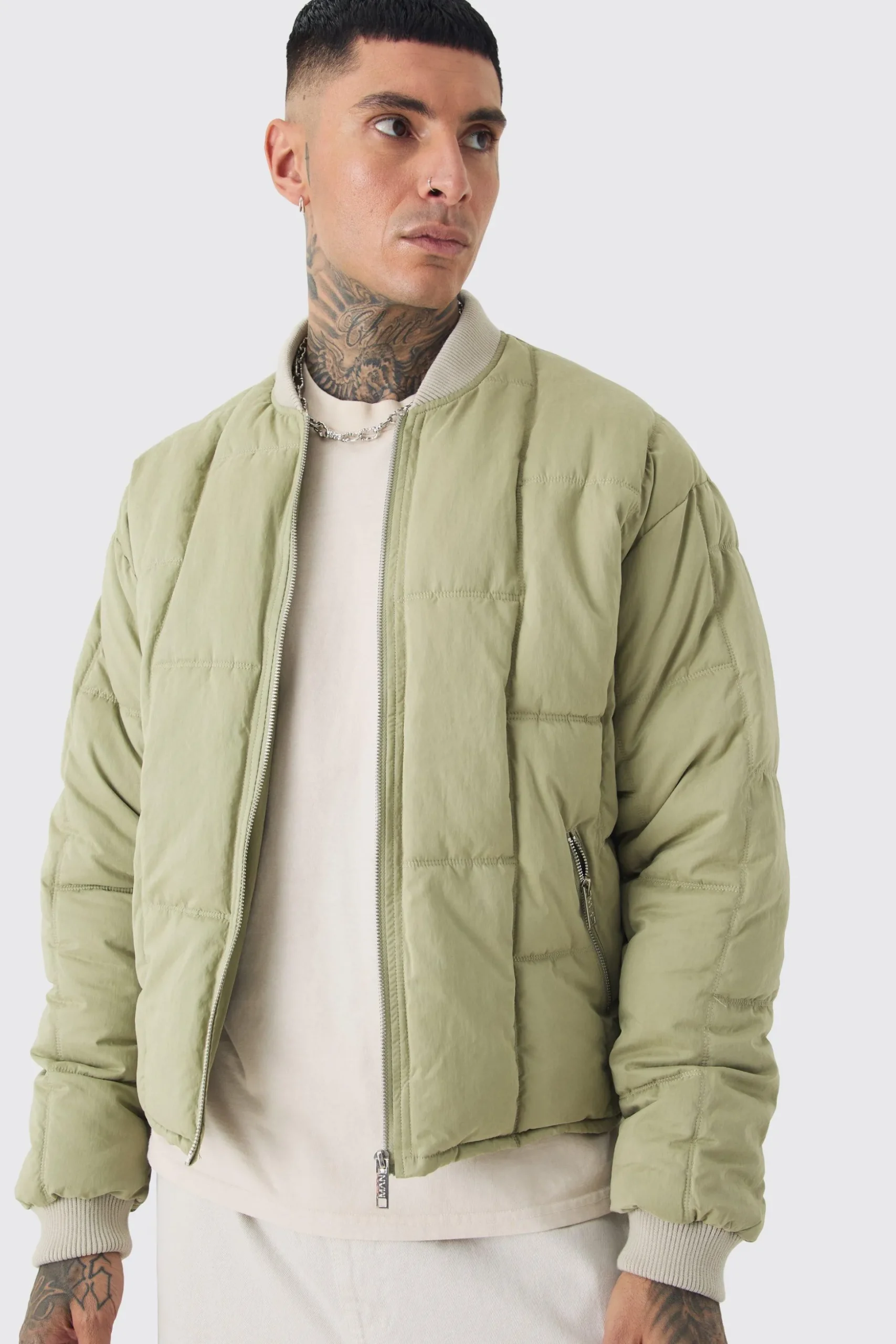 Tall Boxy Quilted Bomber Jacket In Sage | BoohooMAN UK