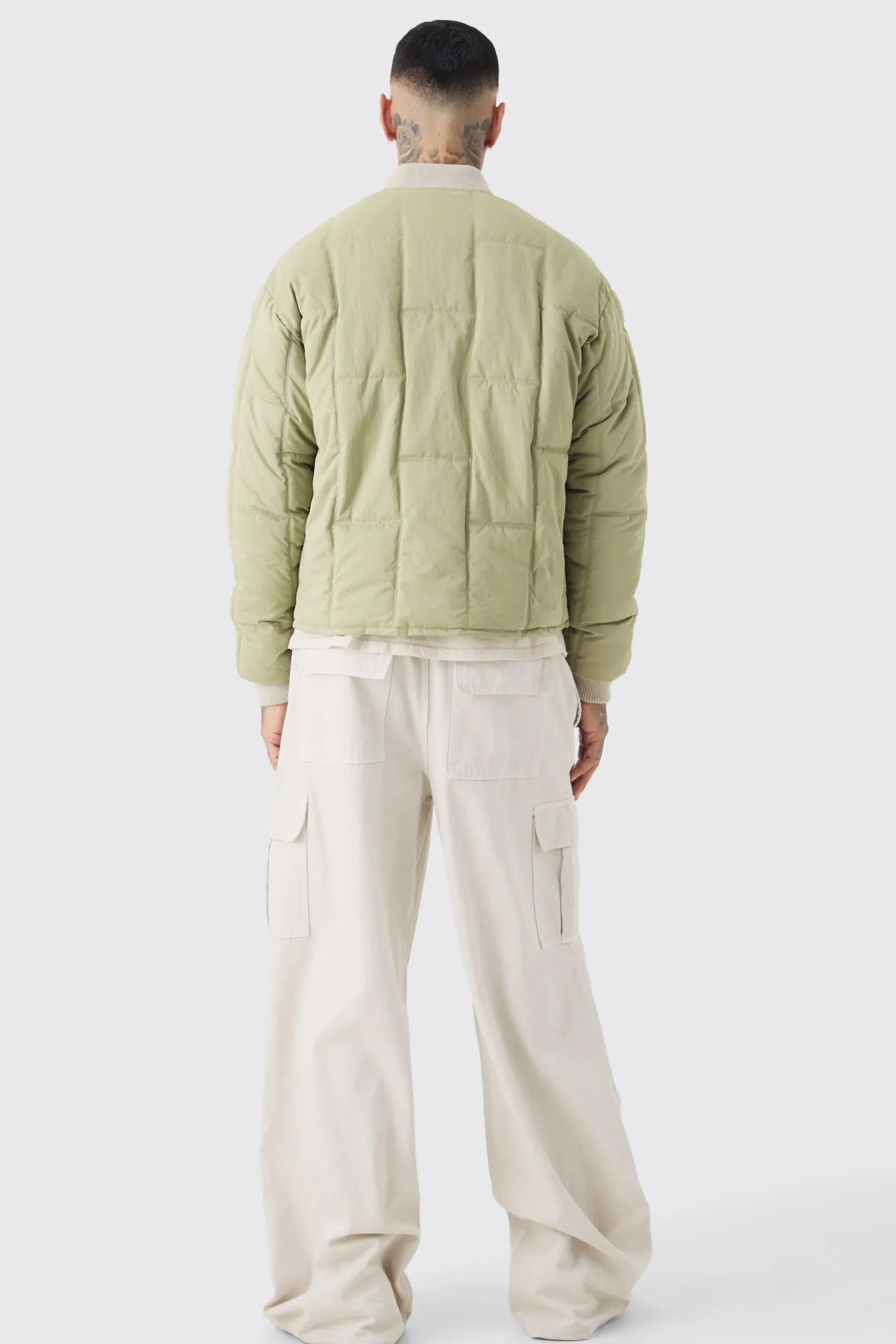Tall Boxy Quilted Bomber Jacket In Sage | BoohooMAN UK
