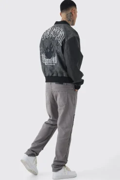 Tall Boxy Tonal Badge Tumbled PU Varsity Jacket In Black | BoohooMAN UK