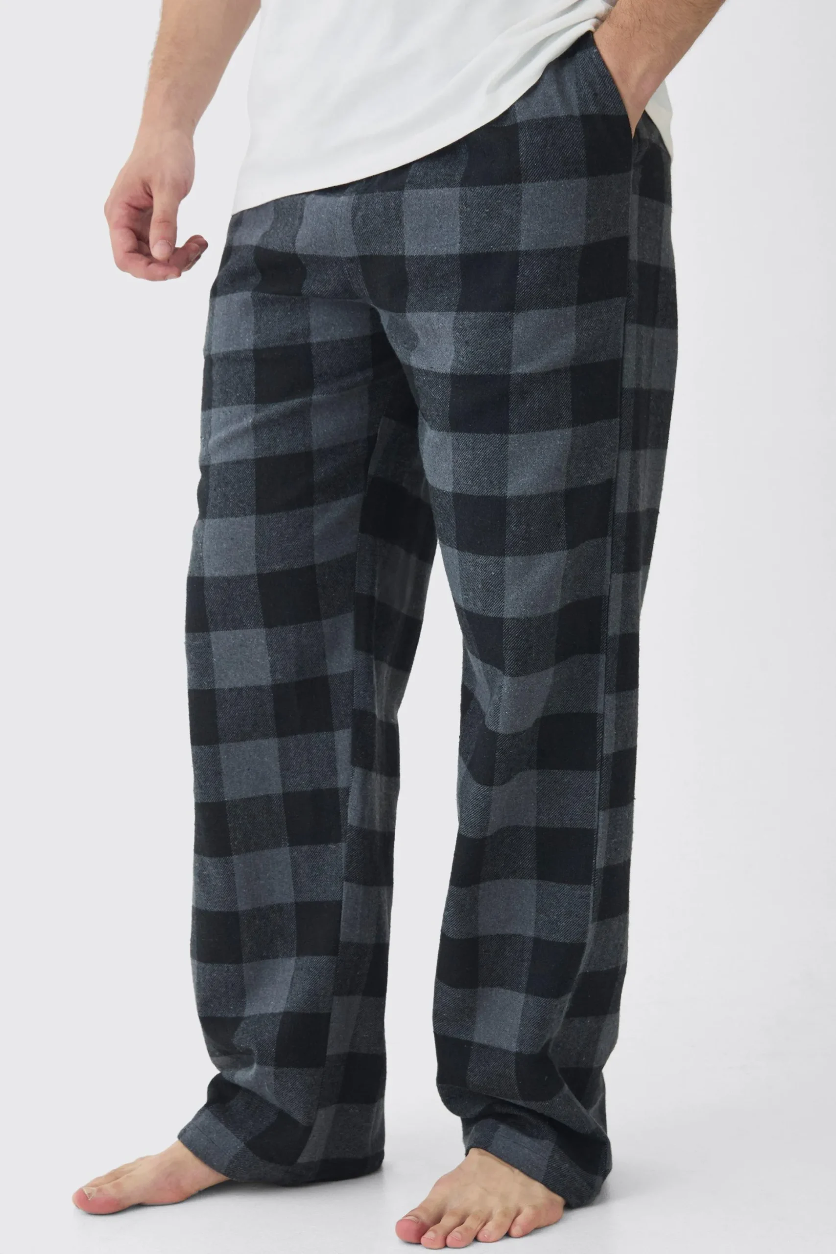 Tall Brushed Check Loungewear Bottom And T-shirt Set In Grey | BoohooMAN UK