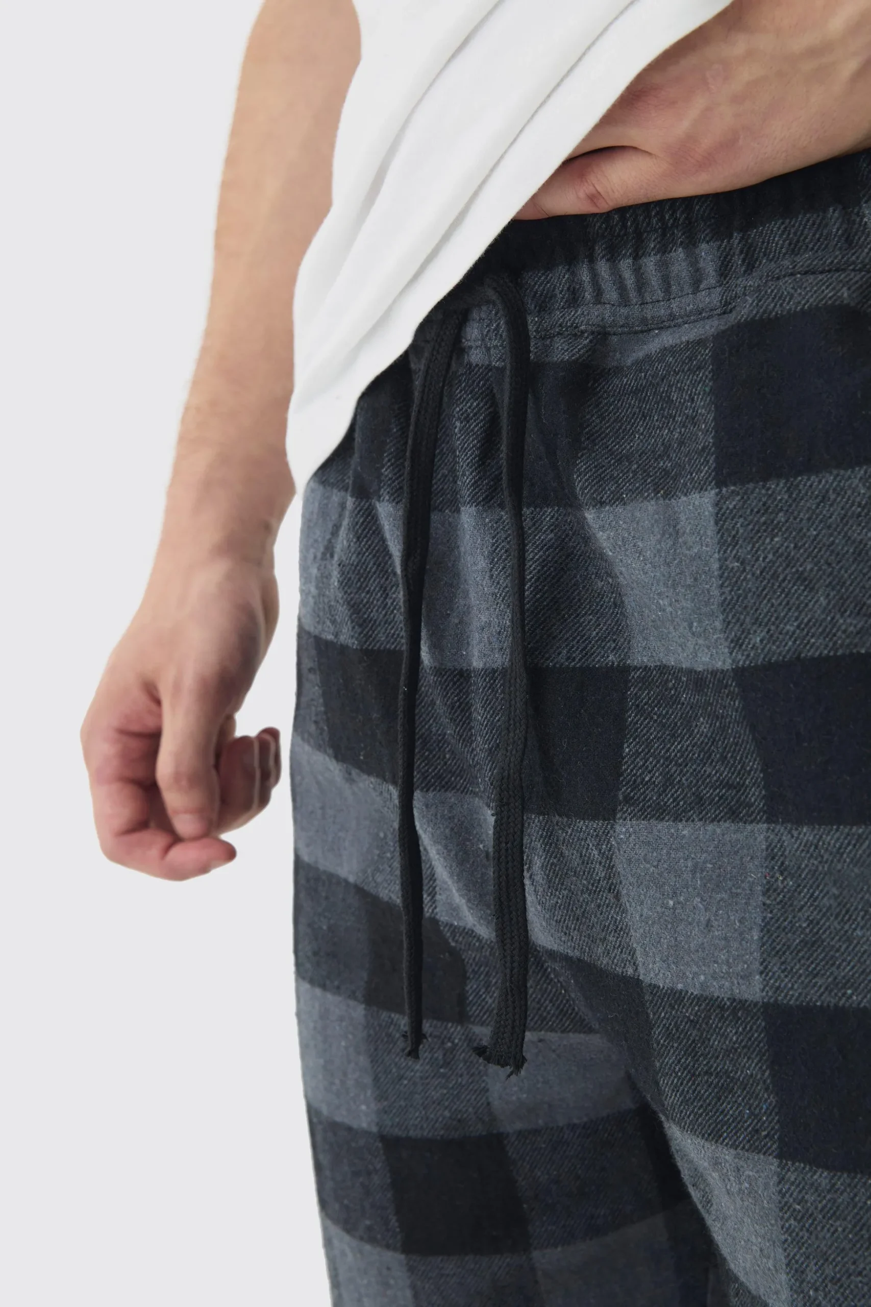 Tall Brushed Check Loungewear Bottom And T-shirt Set In Grey | BoohooMAN UK