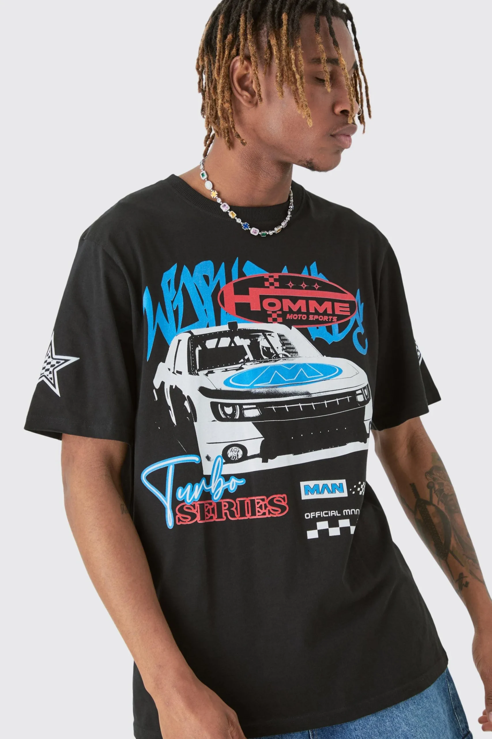Tall Car Moto T-shirt In Black | BoohooMAN UK