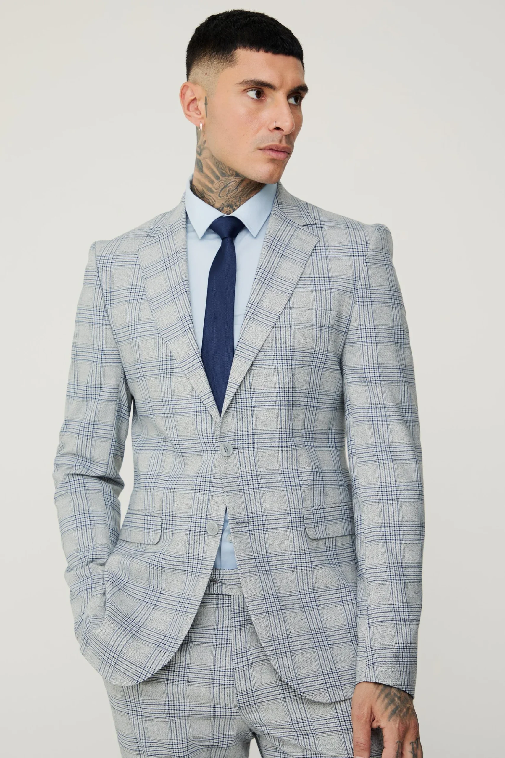 Tall Checked Skinny Fit Blazer | BoohooMAN UK