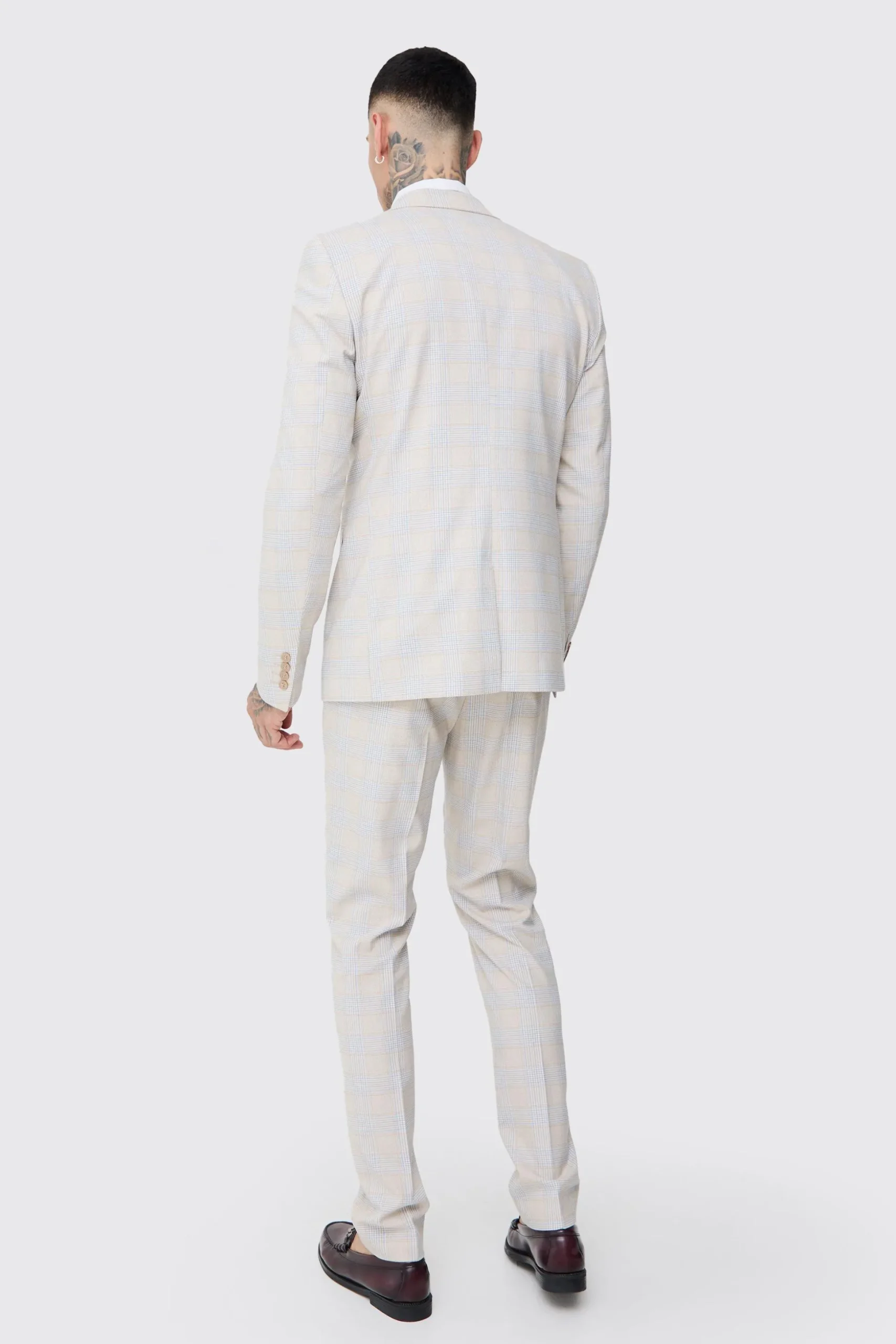 Tall Checked Skinny Fit Suit In Stone | BoohooMAN UK