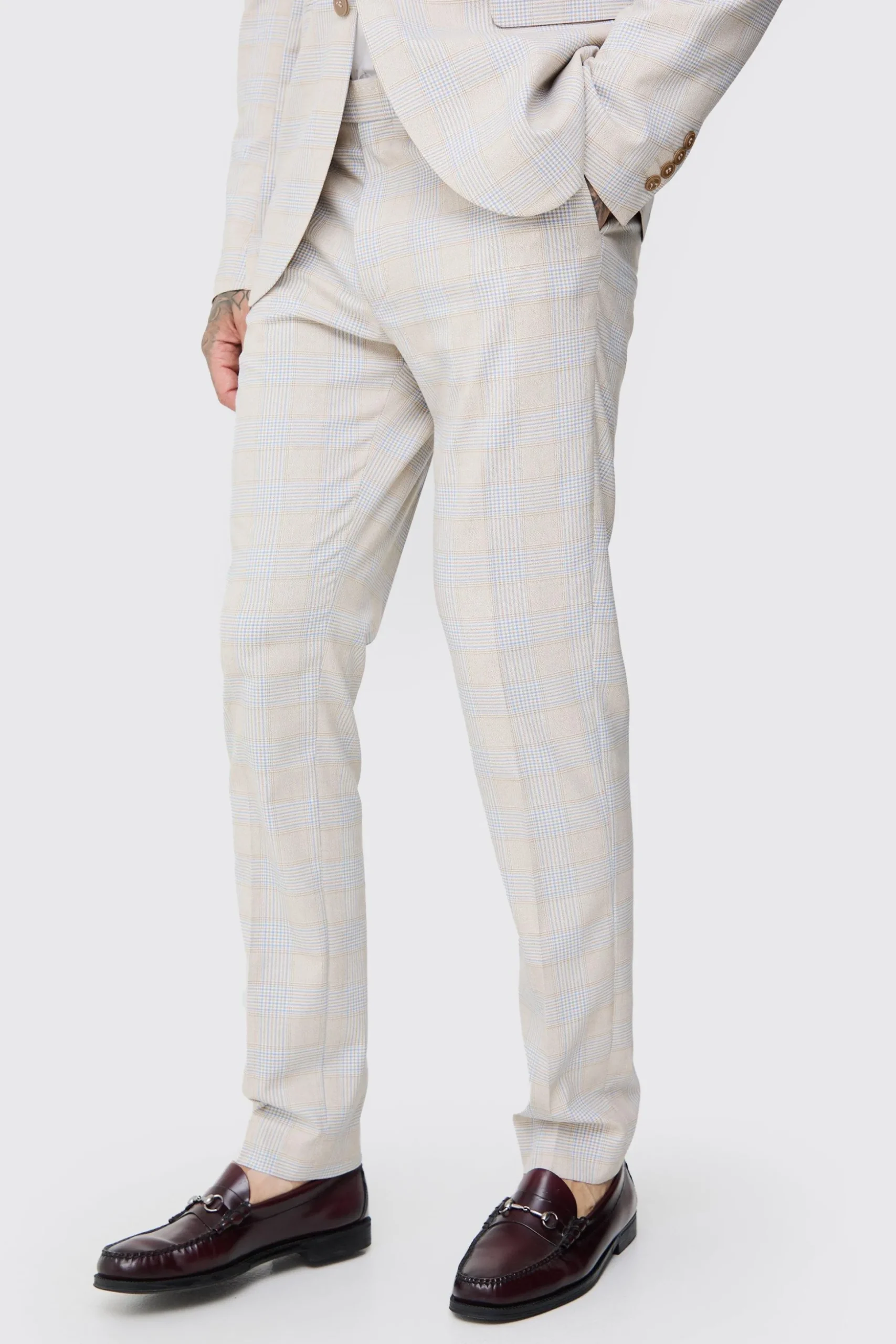 Tall Checked Skinny Fit Trousers | BoohooMAN UK