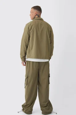 Tall Crinkle Nylon Cargo Parachute Trousers In Khaki | BoohooMAN UK