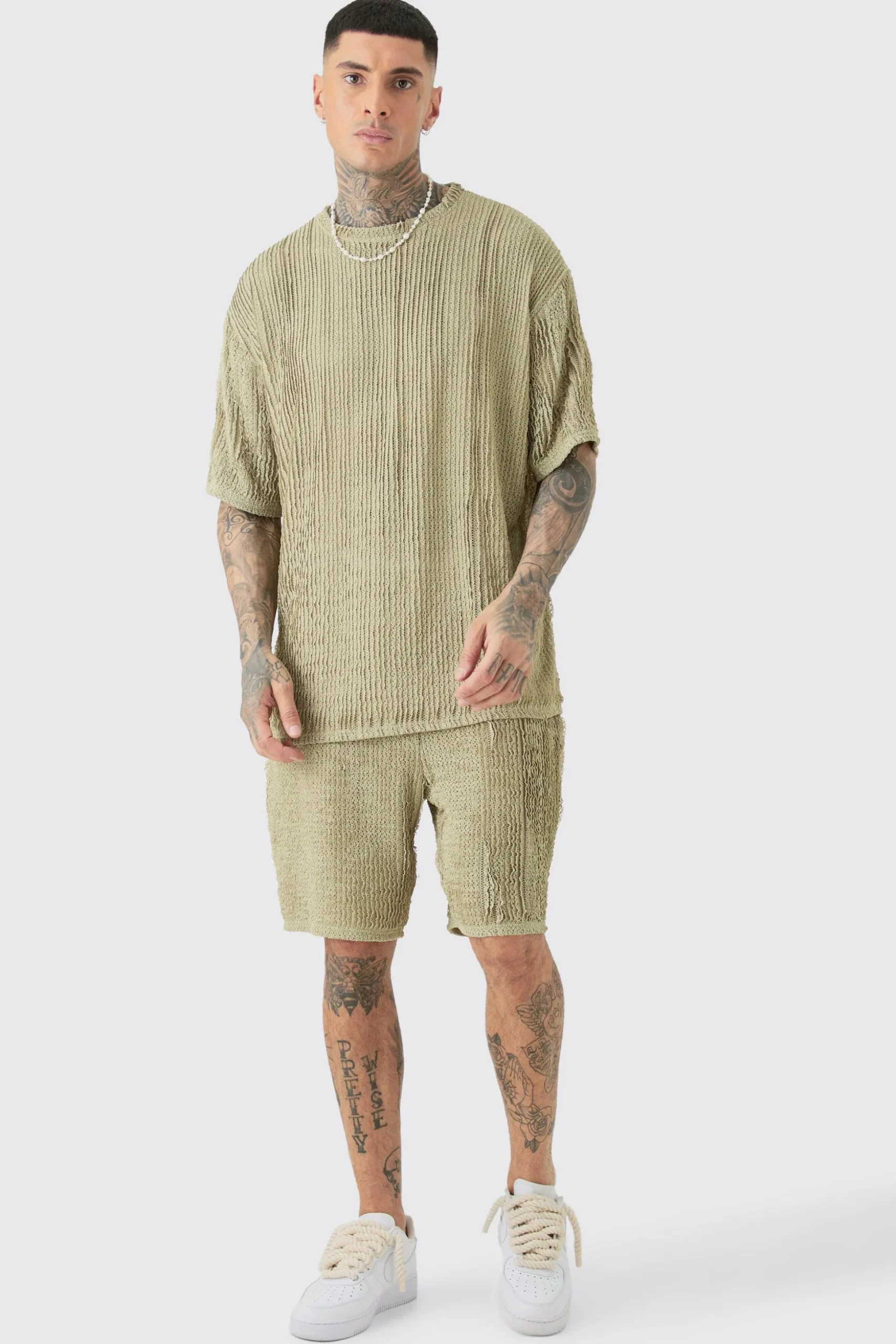 Tall Crochet Rib T-Shirt & Short Set | BoohooMAN UK