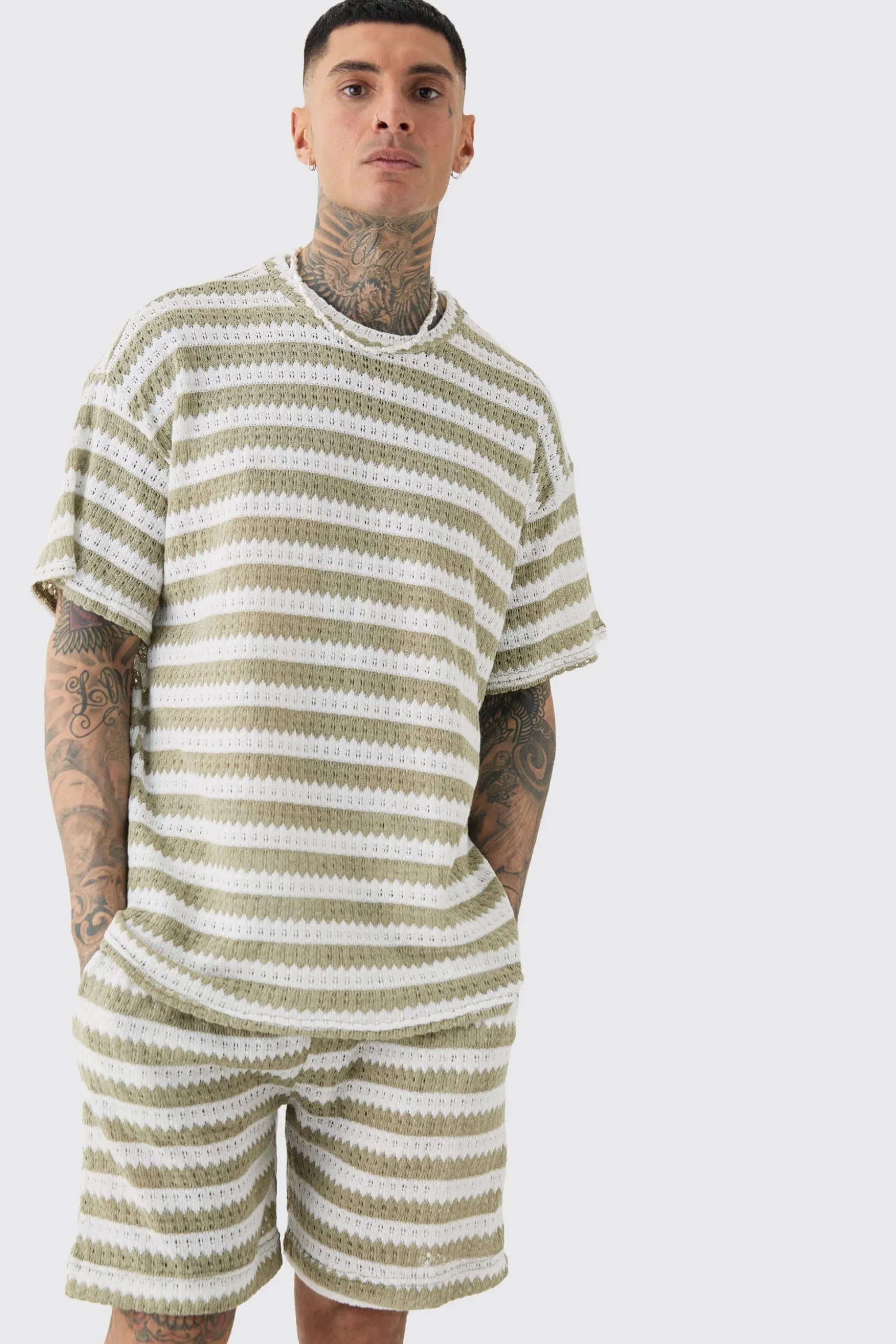 Tall Crochet Striped T-shirt & Short Set | BoohooMAN UK