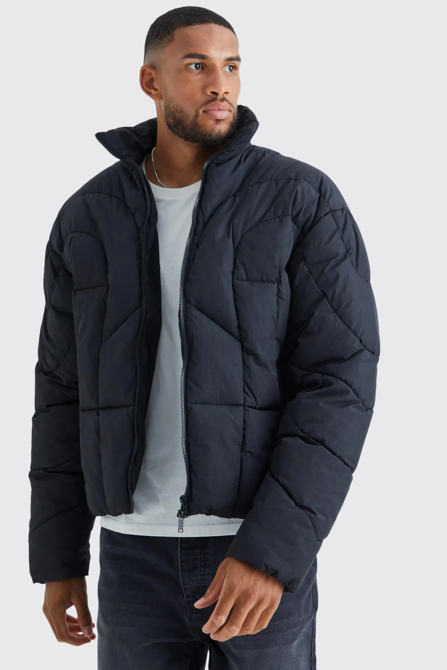 Tall Curved Panel Funnel Neck Puffer | BoohooMAN UK