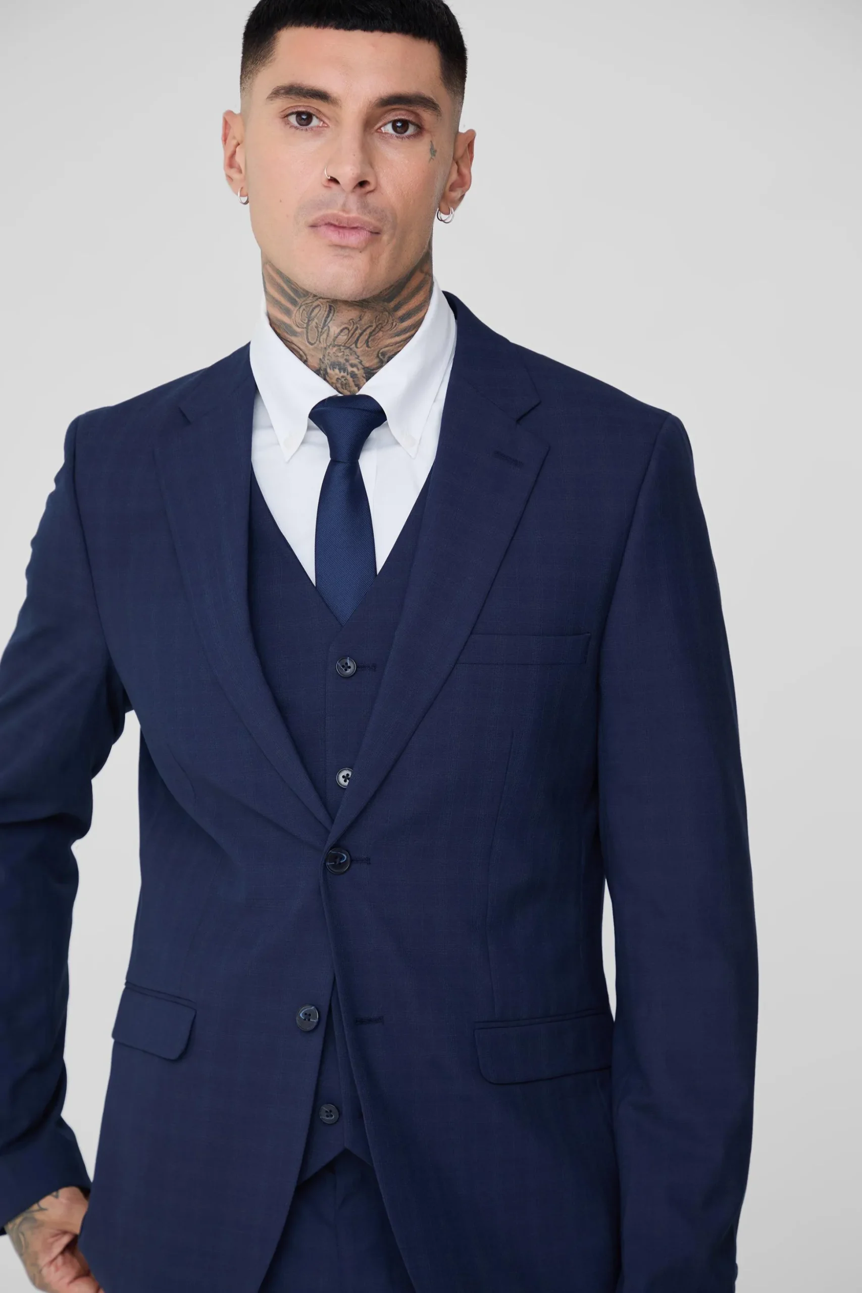 Tall Dark Blue Check Single Breasted Slim Fit Suit Jacket | BoohooMAN UK