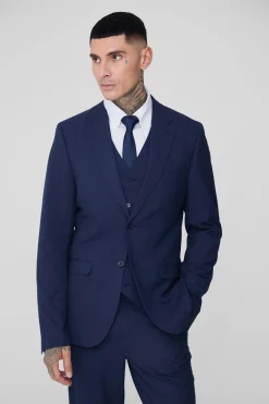 Tall Dark Blue Check Slim Fit Suit | BoohooMAN UK
