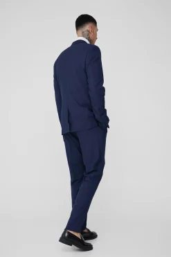 Tall Dark Blue Check Slim Fit Suit | BoohooMAN UK