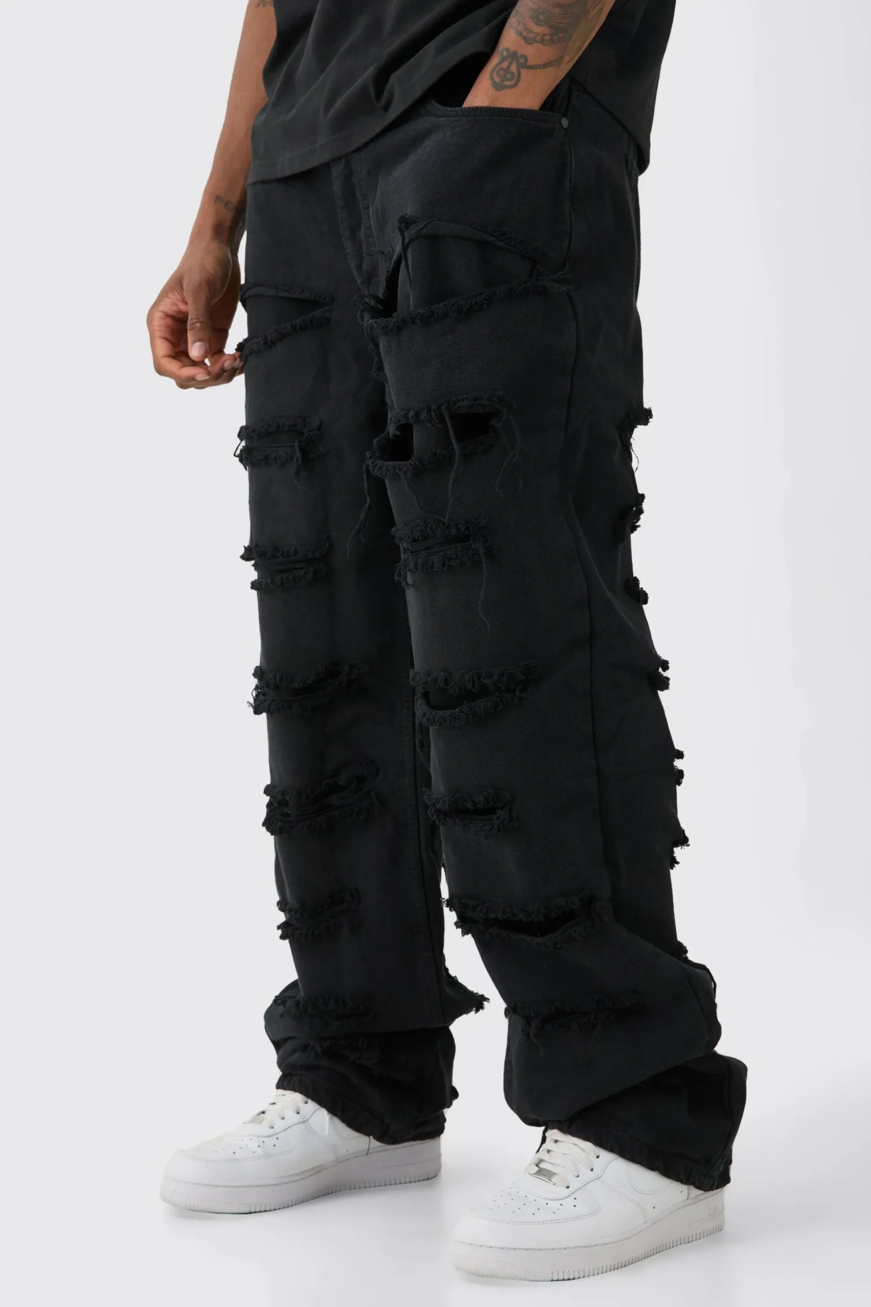 Tall Distressed Twill Overdyed Trouser In Washed Black | BoohooMAN UK