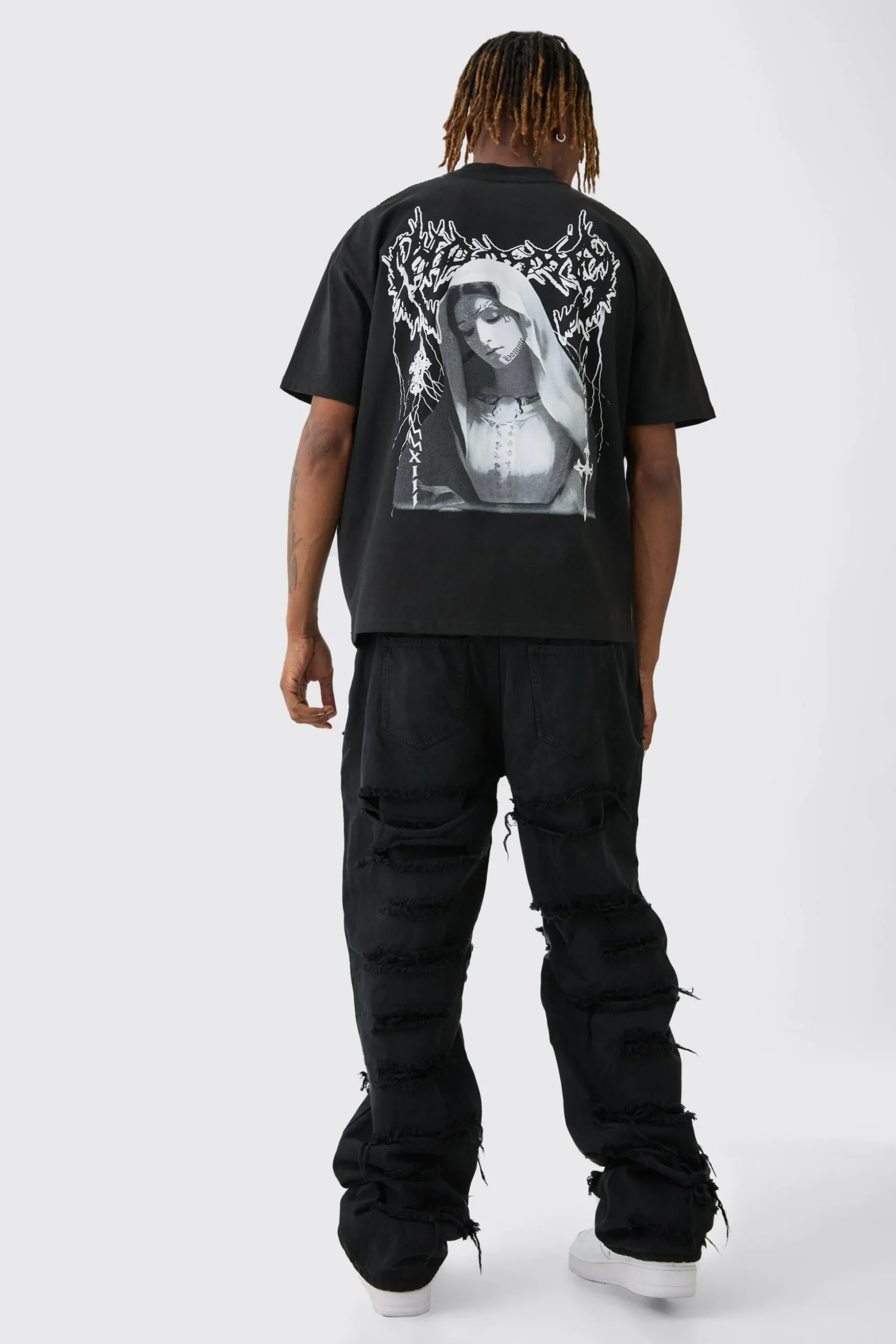 Tall Distressed Twill Overdyed Trouser In Washed Black | BoohooMAN UK