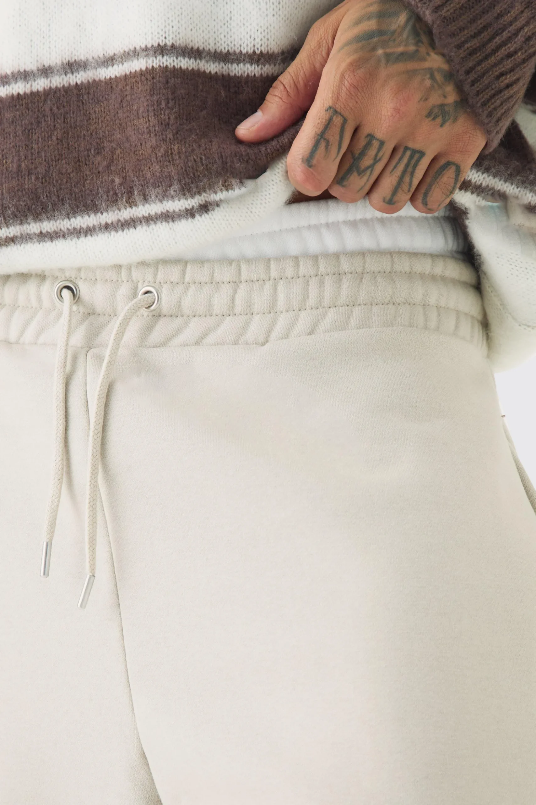 Tall Double Waistband Baggy Fit Jersey Bottoms In Stone | BoohooMAN UK