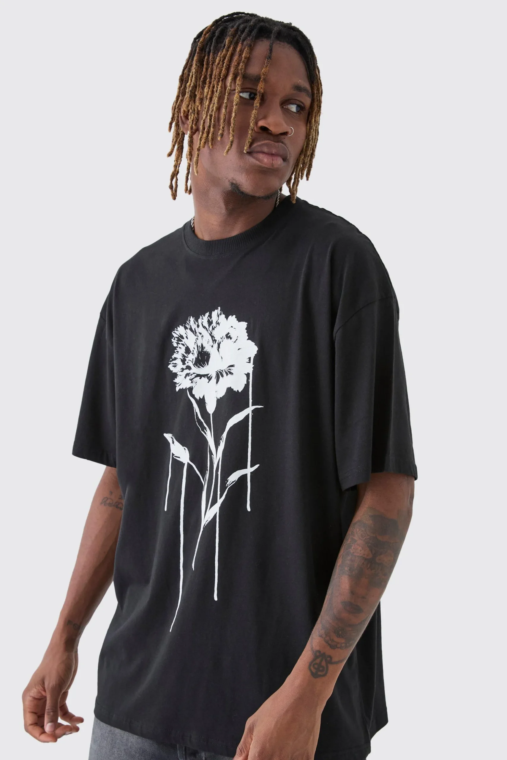 Tall Drip Floral Print Oversized T-Shirt | BoohooMAN UK
