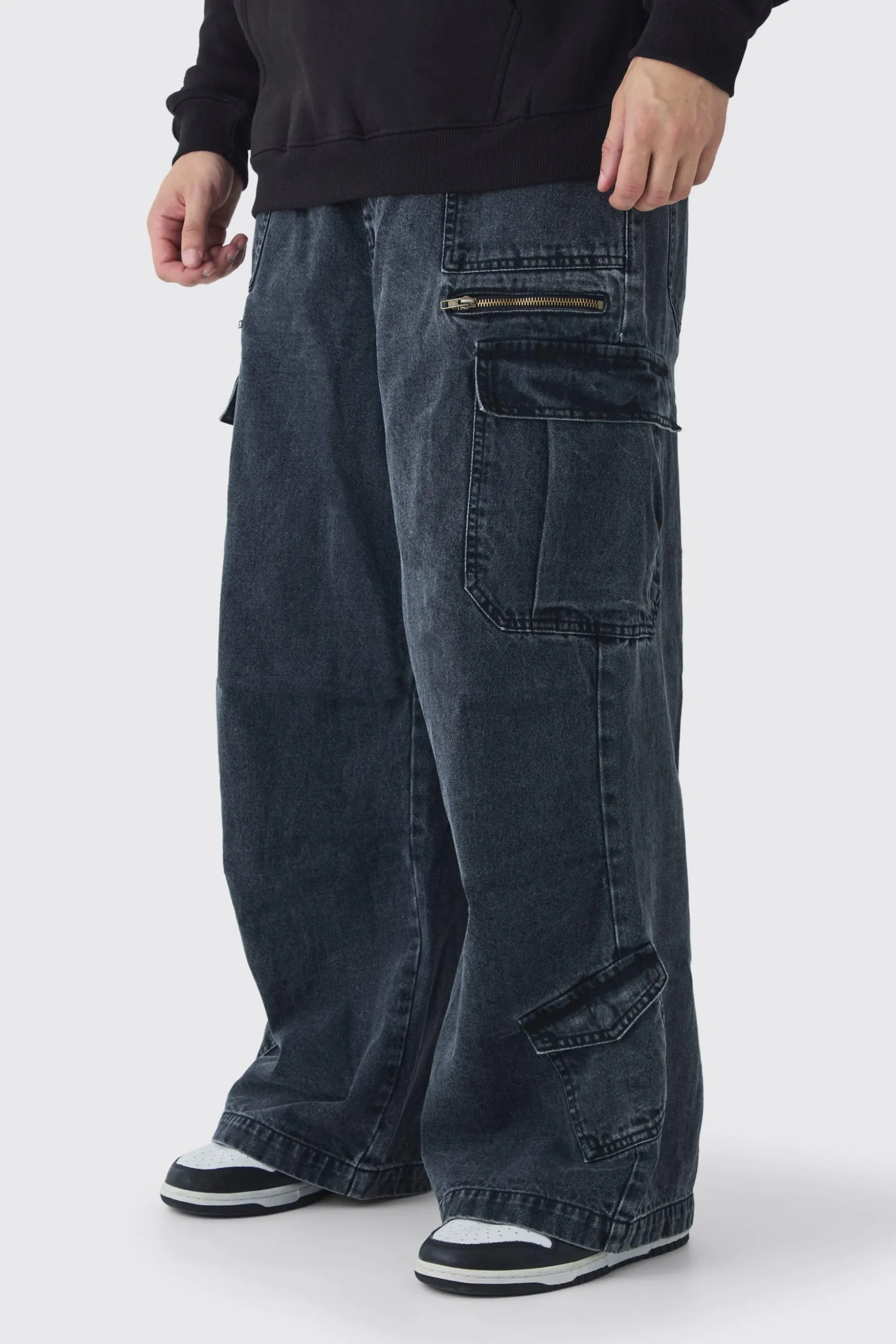Tall Elasticated Waist Acid Wash Parachute Cargo Jeans | BoohooMAN UK