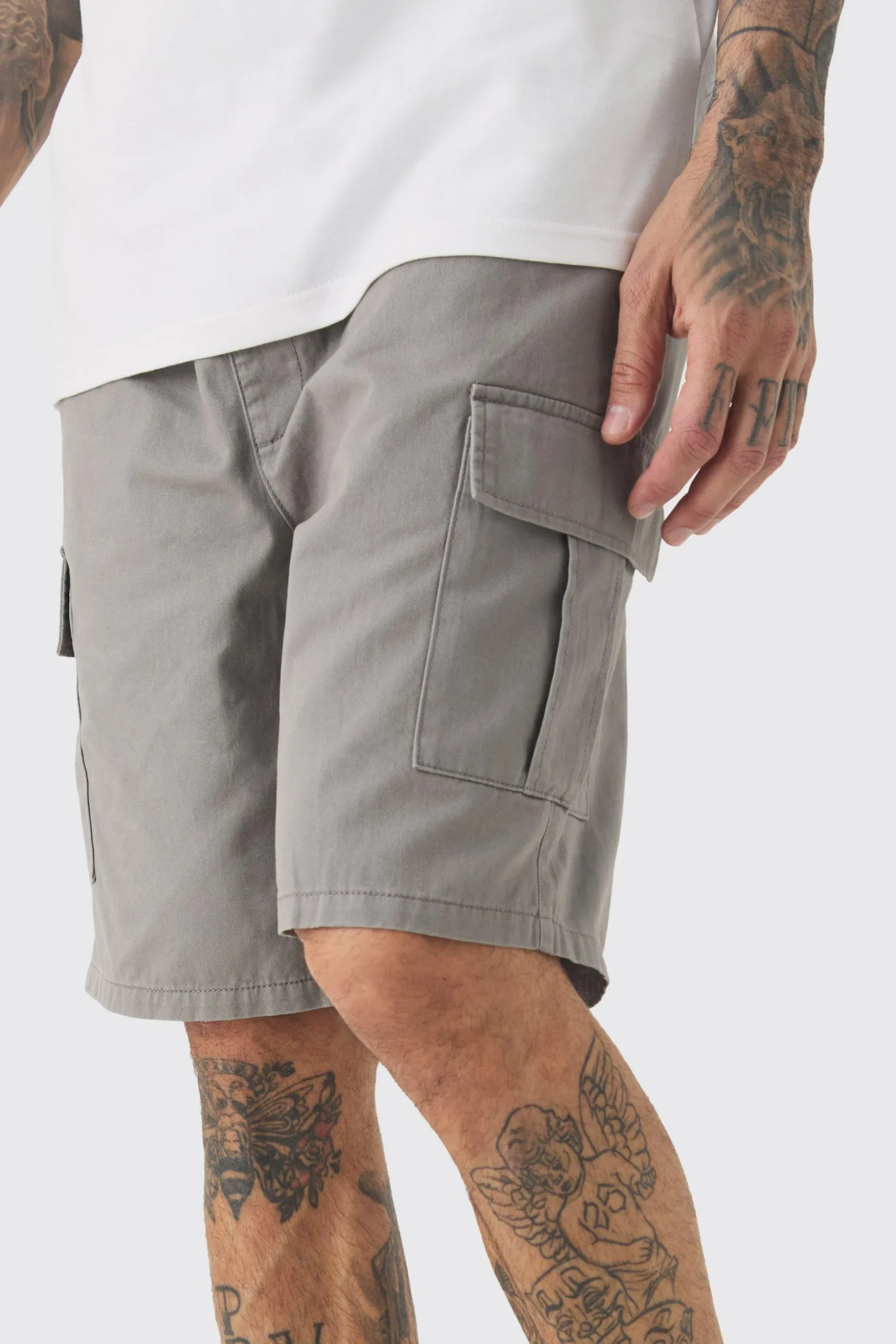 Tall Elasticated Waist Grey Relaxed Fit Cargo Shorts | BoohooMAN UK