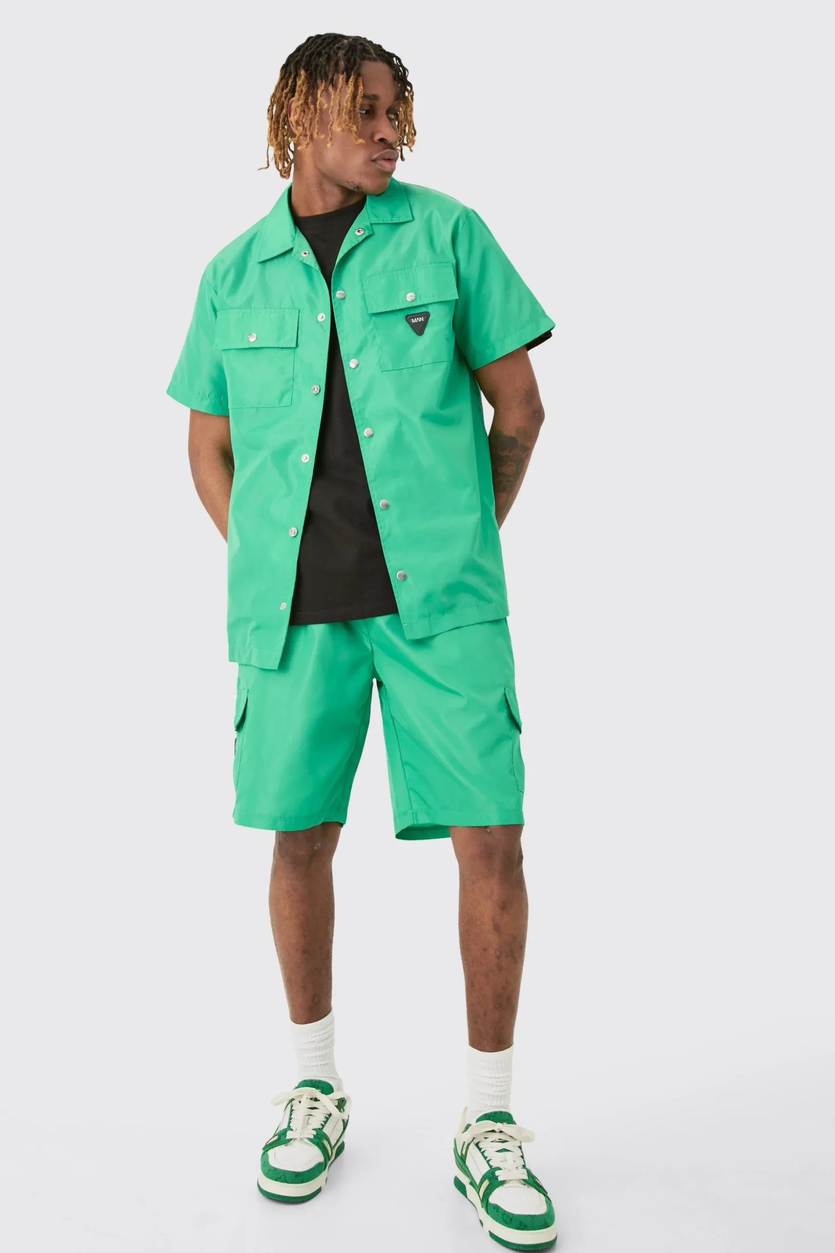 Tall Elasticated Waist Relaxed Nylon Man Cargo Short | BoohooMAN UK