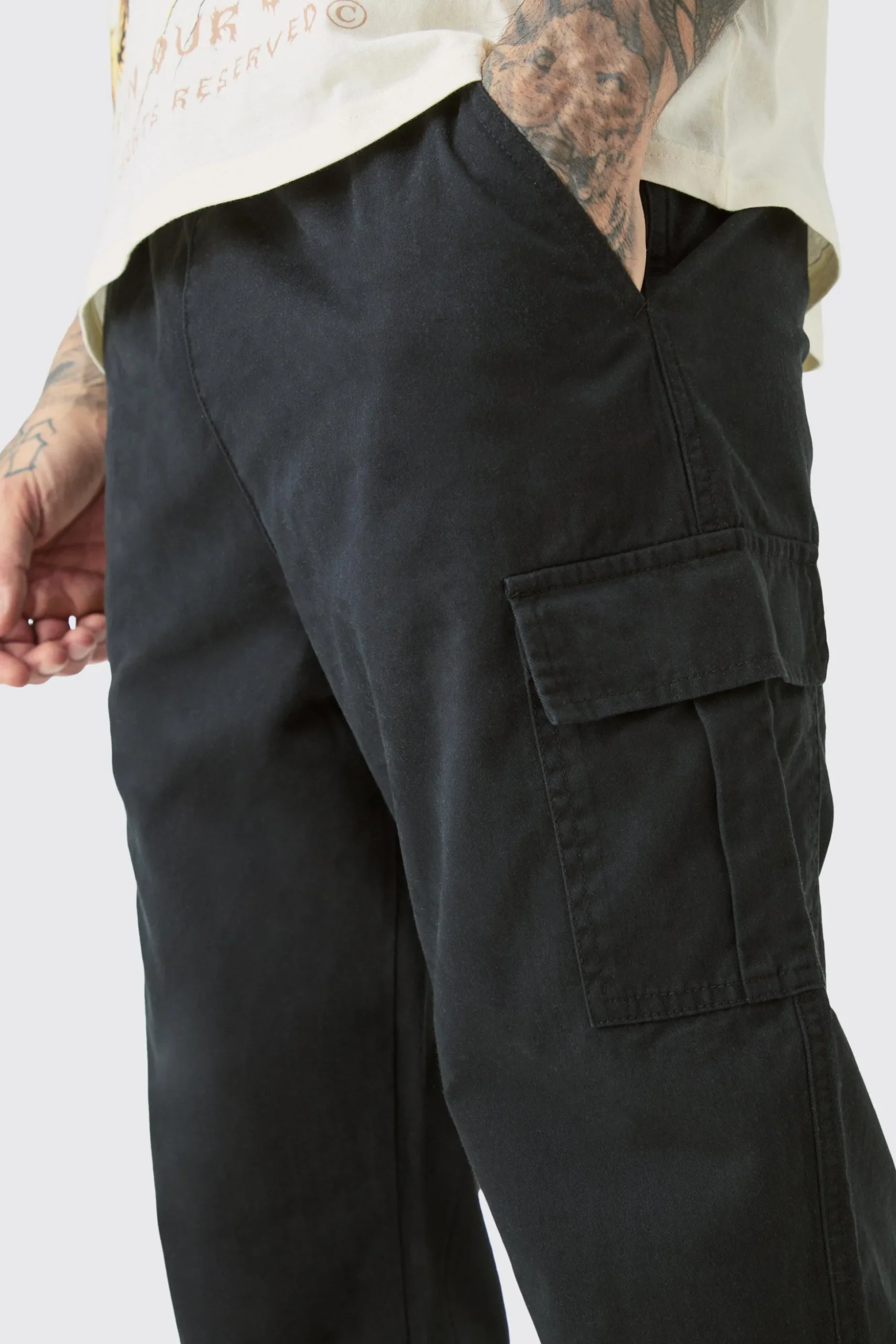 Tall Elasticated Waist Twill Slim Fit Cargo Trouser | BoohooMAN UK