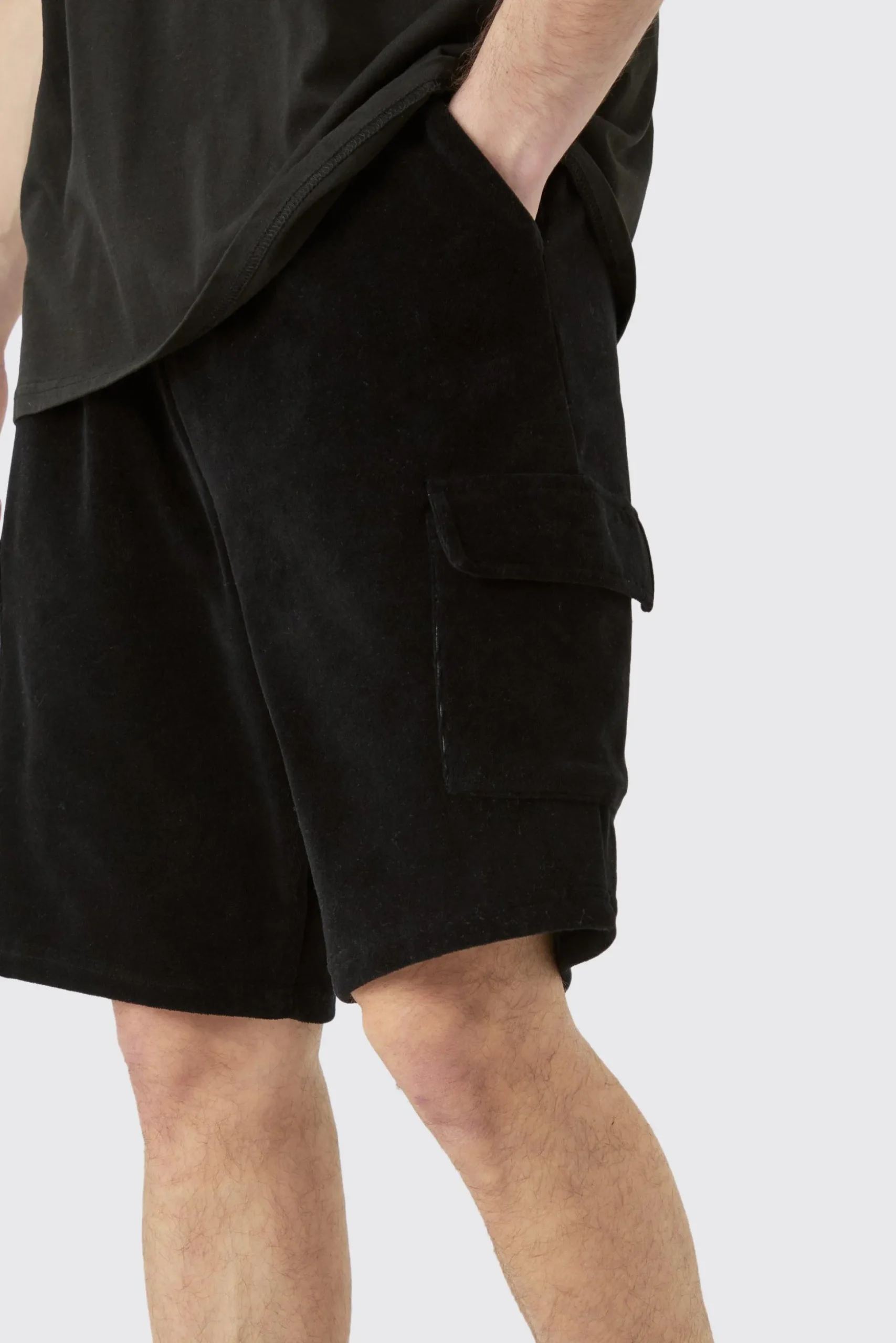 Tall Elasticated Waist Velour Cargo Shorts | BoohooMAN UK