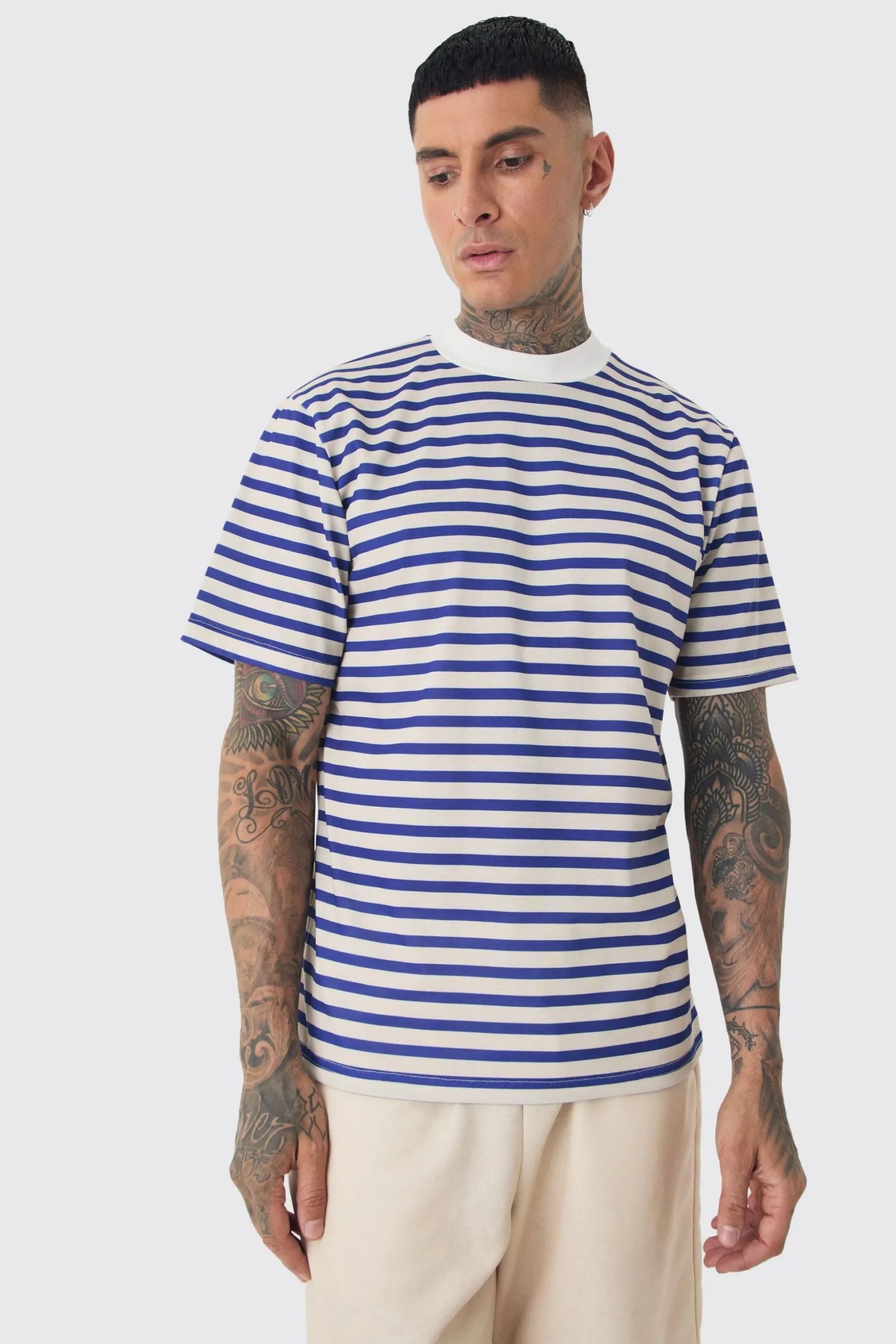 Tall Extended Neck Stripe T-shirt & Short Set | BoohooMAN UK