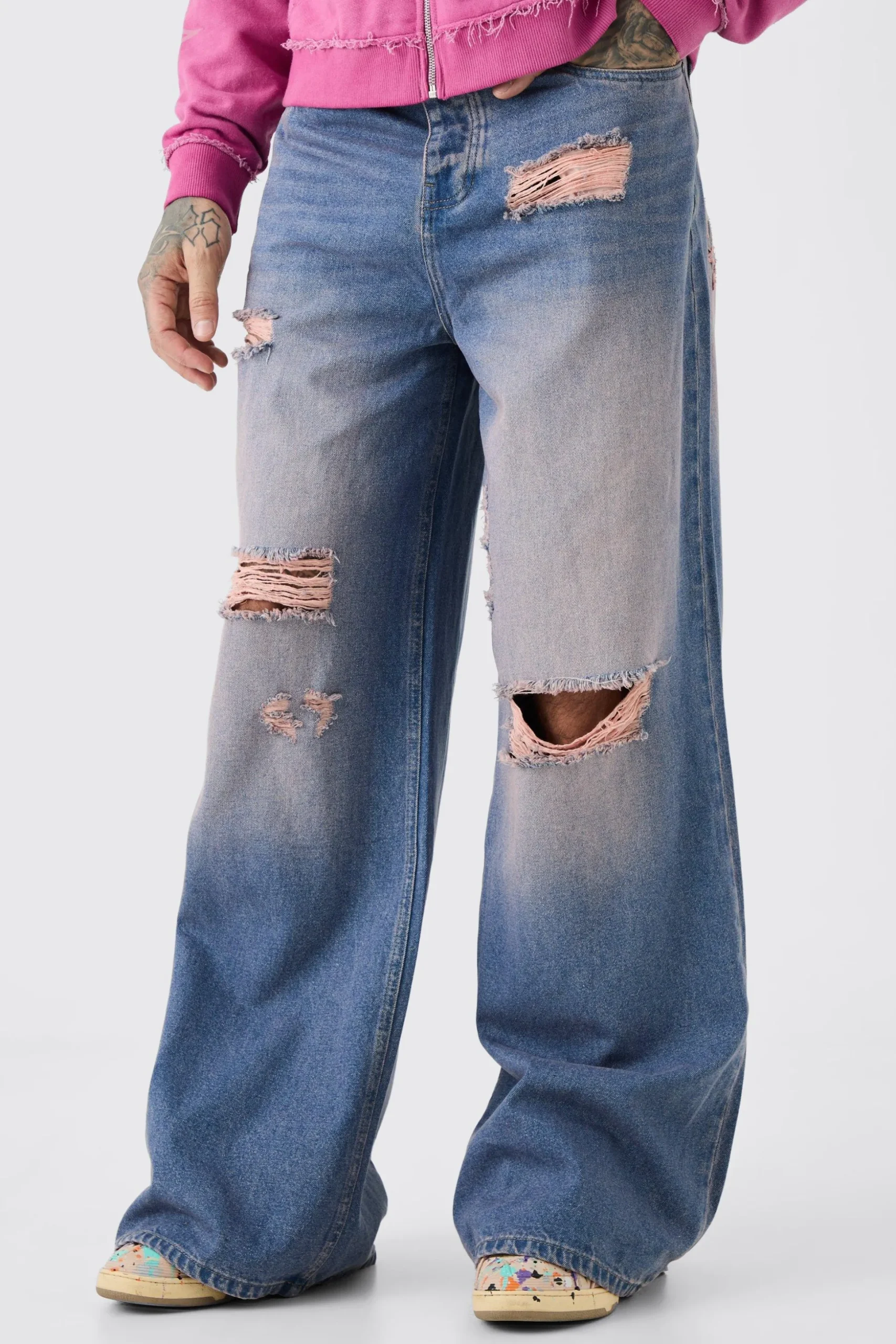 Tall Extreme Baggy Overdyed Frayed Self Fabric Applique Jean | BoohooMAN UK