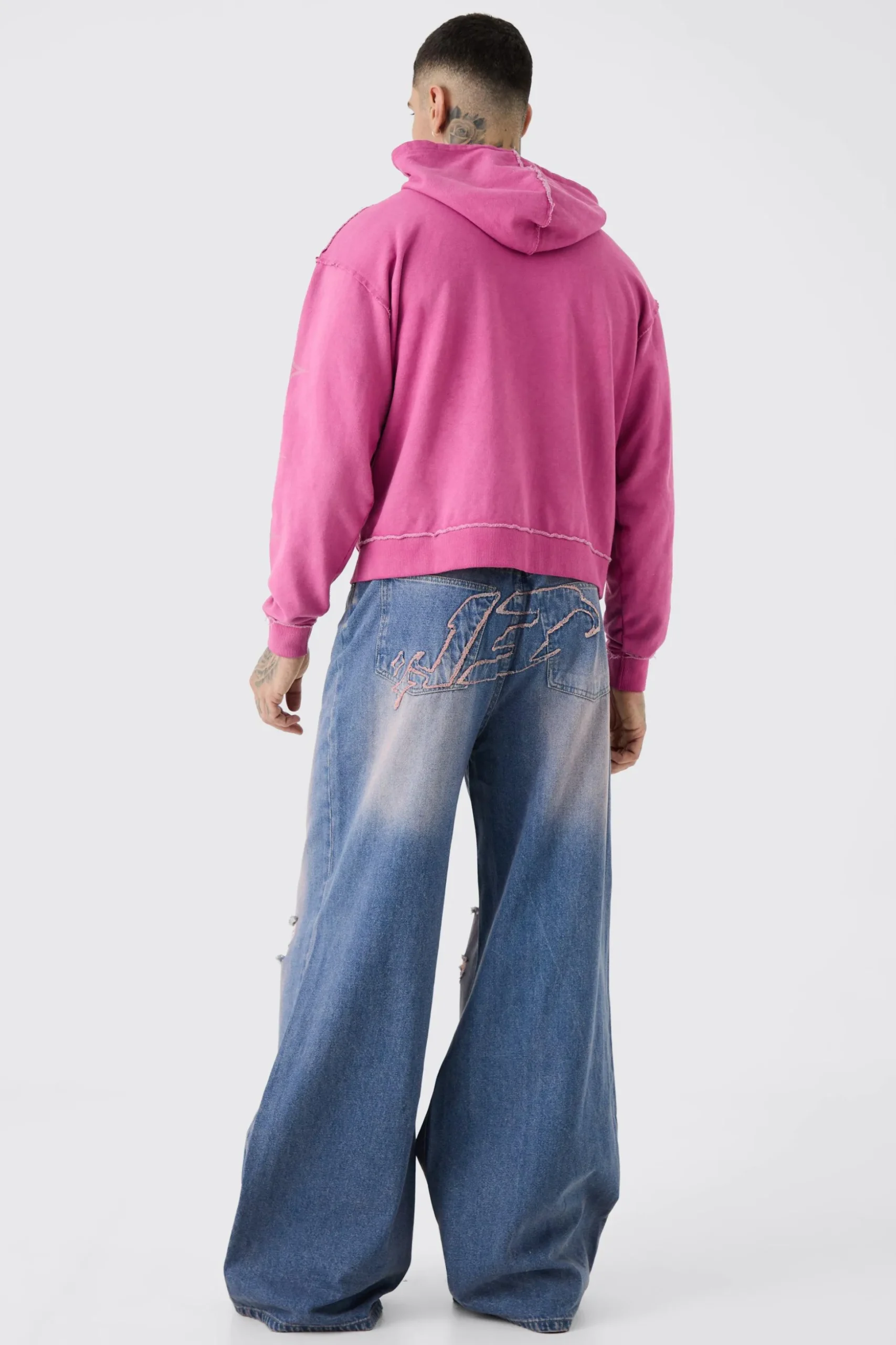 Tall Extreme Baggy Overdyed Frayed Self Fabric Applique Jean | BoohooMAN UK