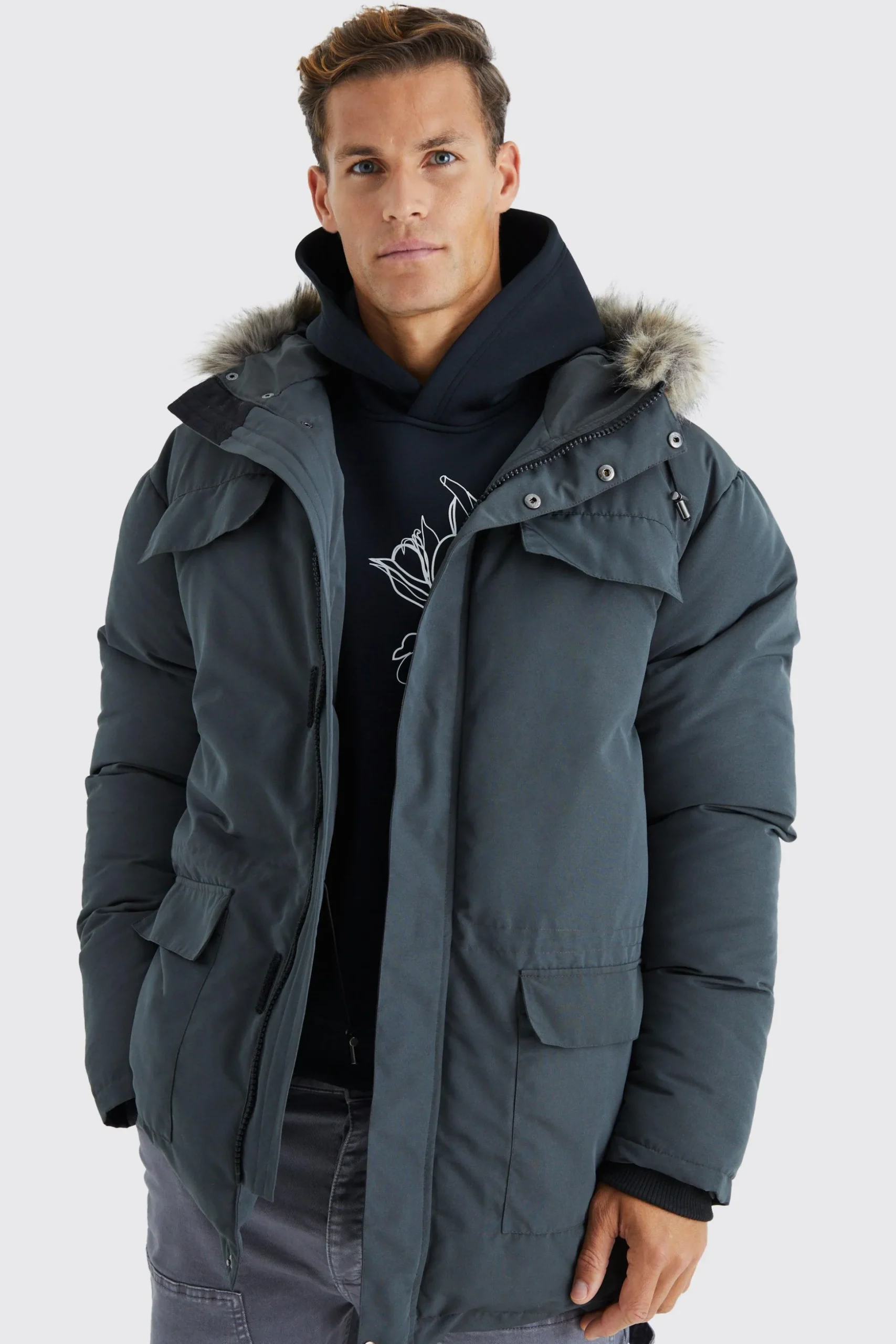 Tall Faux Fur Hooded Arctic Parka Jacket In Charcoal | BoohooMAN UK